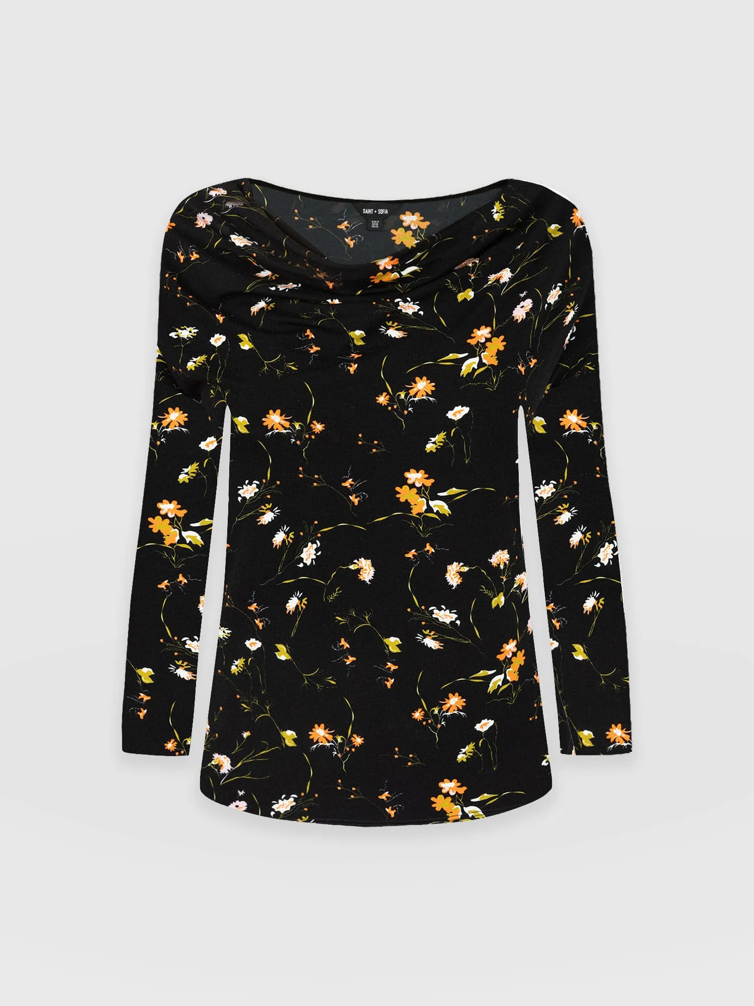 Cowl Neck Tee Long Sleeve - Black Floral