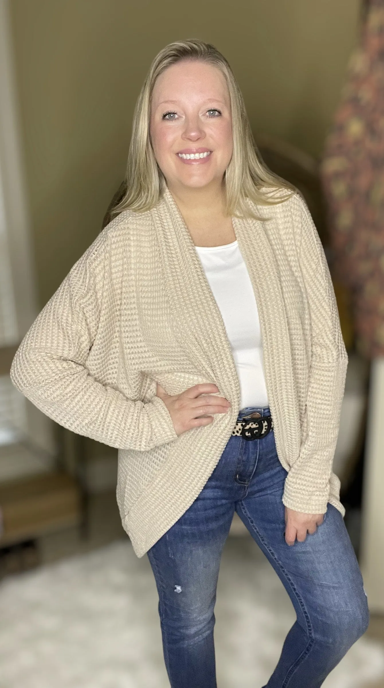 Cream Waffled Knit Cardigan with Dolman Sleeves