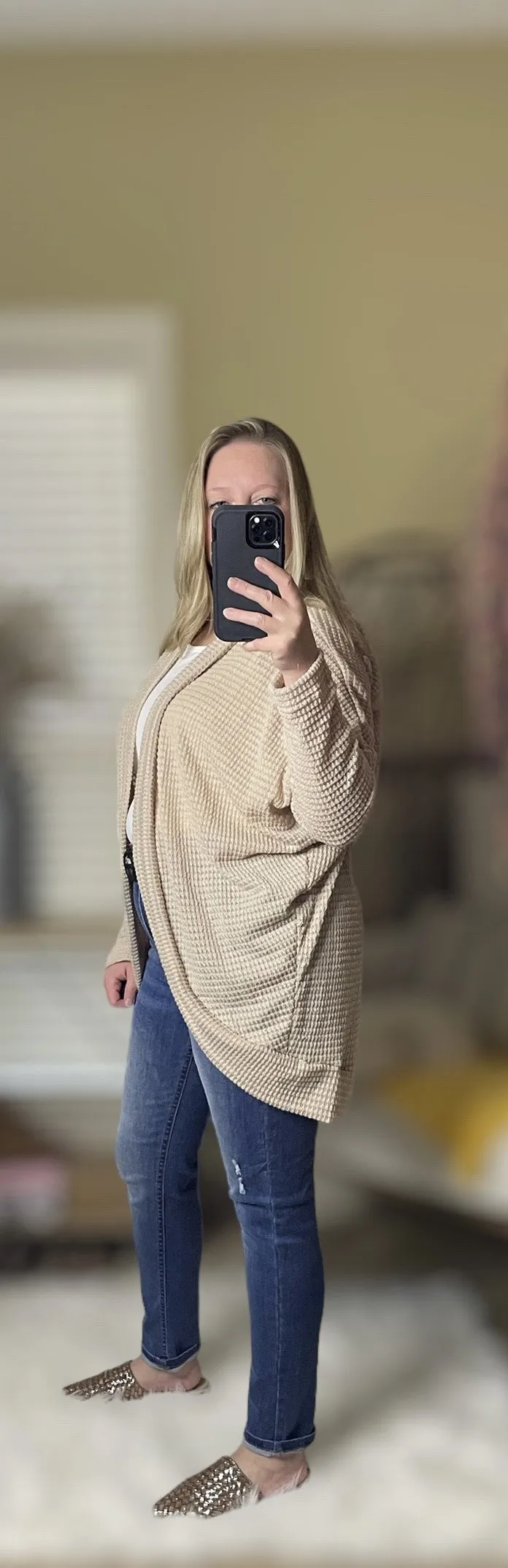 Cream Waffled Knit Cardigan with Dolman Sleeves