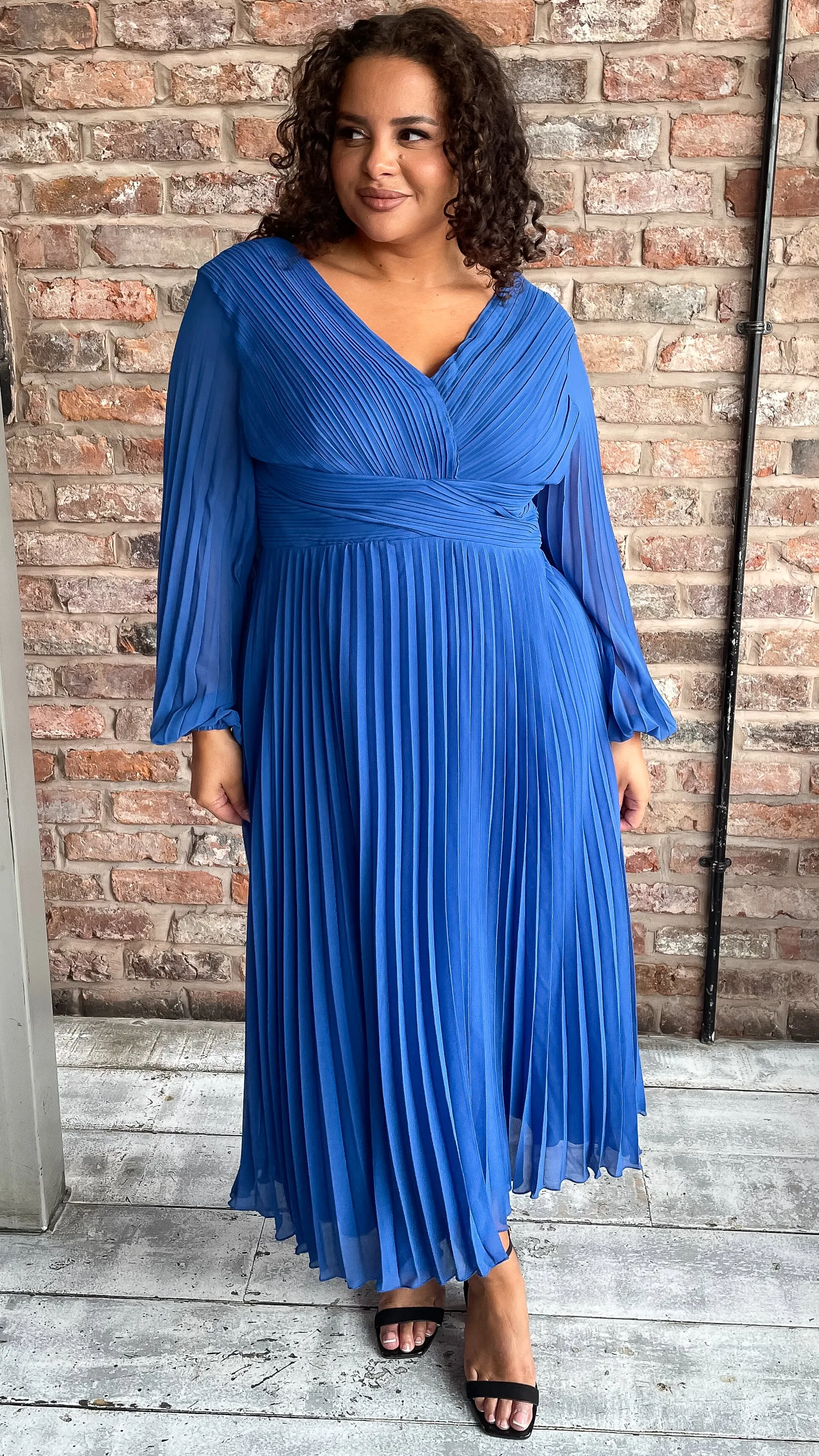 CurveWow Pleated Wrap Midi Dress Blue