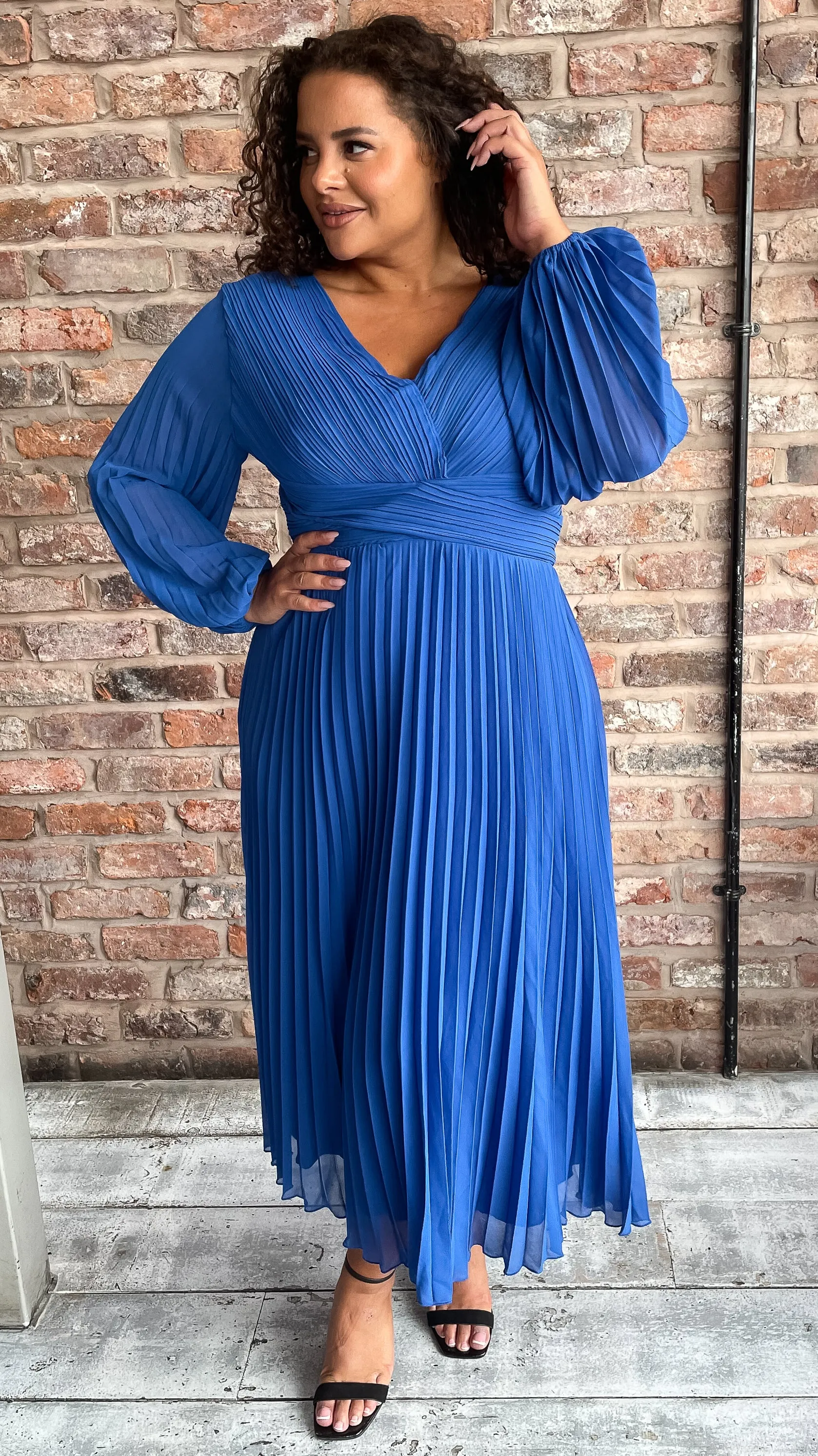 CurveWow Pleated Wrap Midi Dress Blue