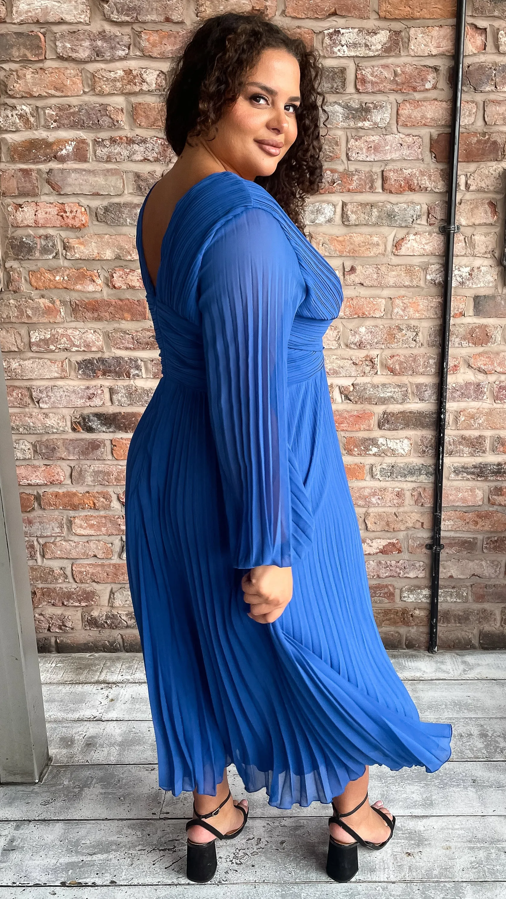 CurveWow Pleated Wrap Midi Dress Blue