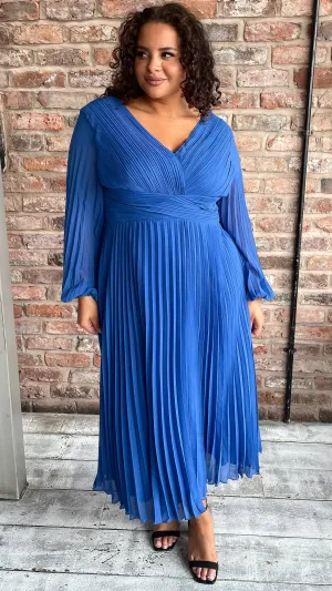 CurveWow Pleated Wrap Midi Dress Blue