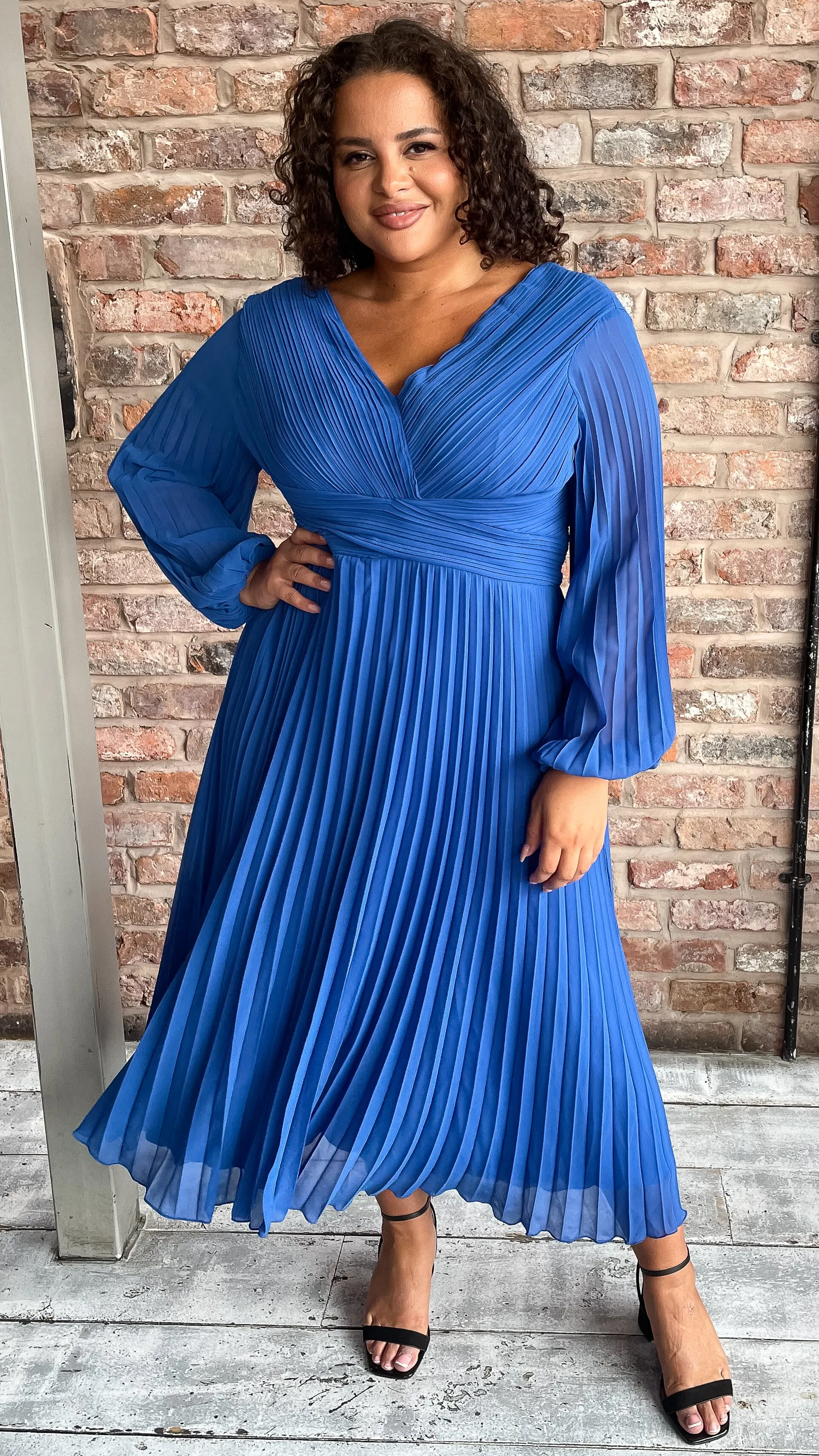 CurveWow Pleated Wrap Midi Dress Blue