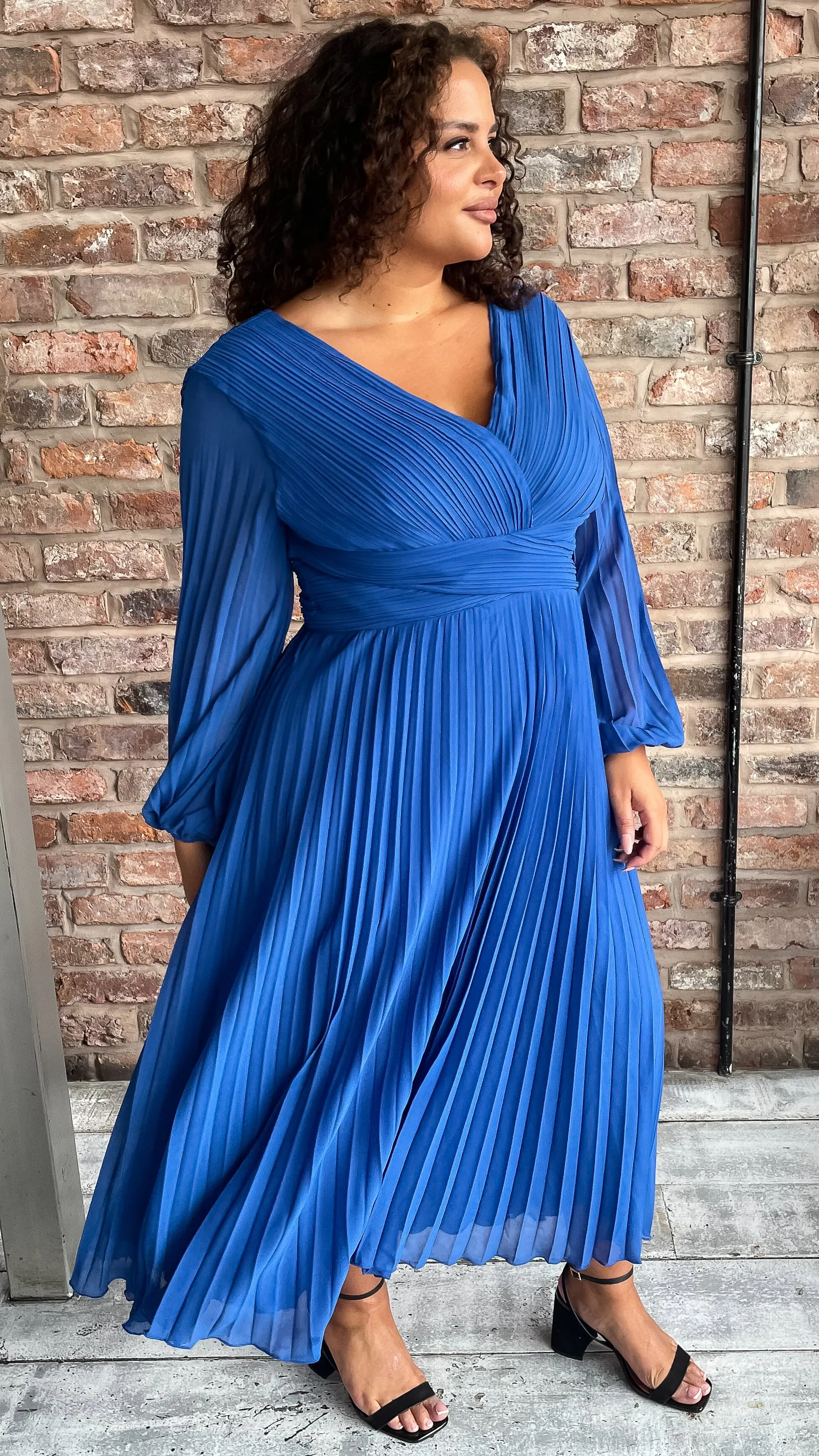 CurveWow Pleated Wrap Midi Dress Blue
