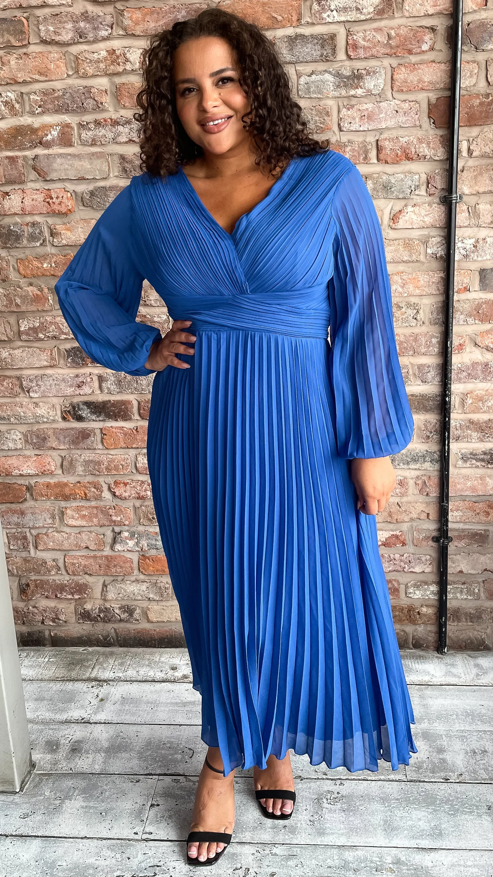 CurveWow Pleated Wrap Midi Dress Blue