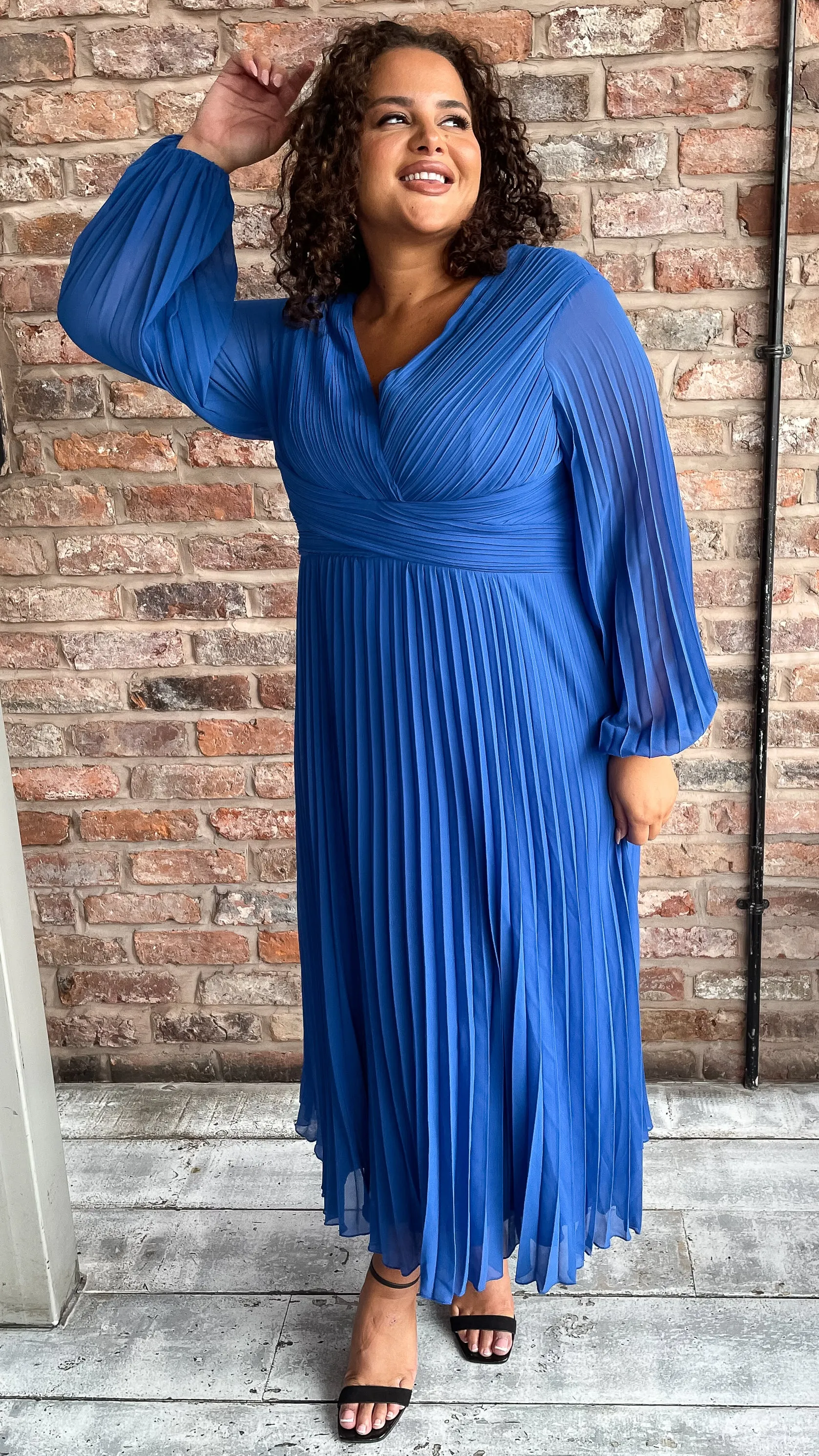 CurveWow Pleated Wrap Midi Dress Blue