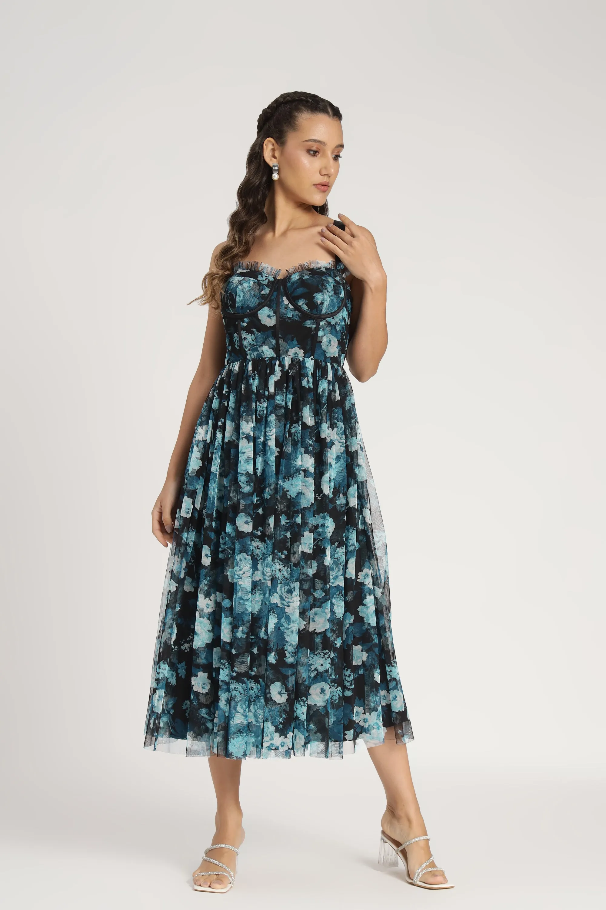 Dane Blue Floral Corset Midi Dress