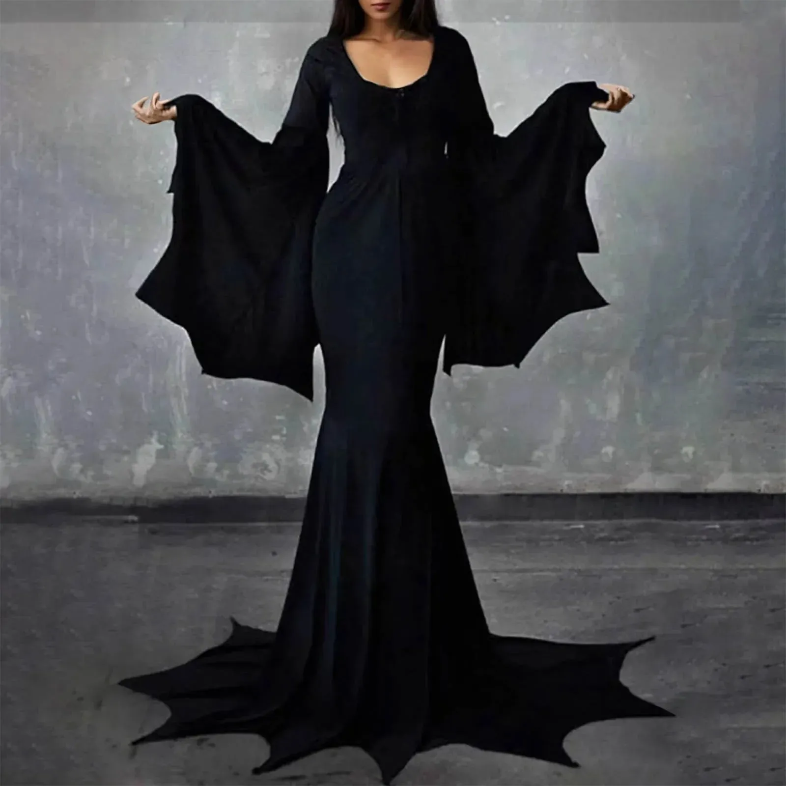 Dark Gothic Morticia Halloween Horror Train Floor Witch Adult Casual Witchy Dress