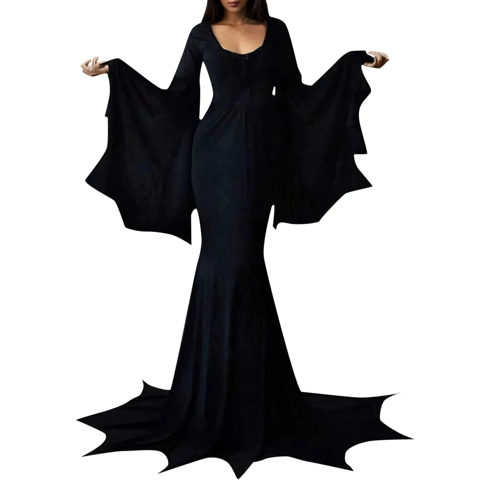 Dark Gothic Morticia Halloween Horror Train Floor Witch Adult Casual Witchy Dress