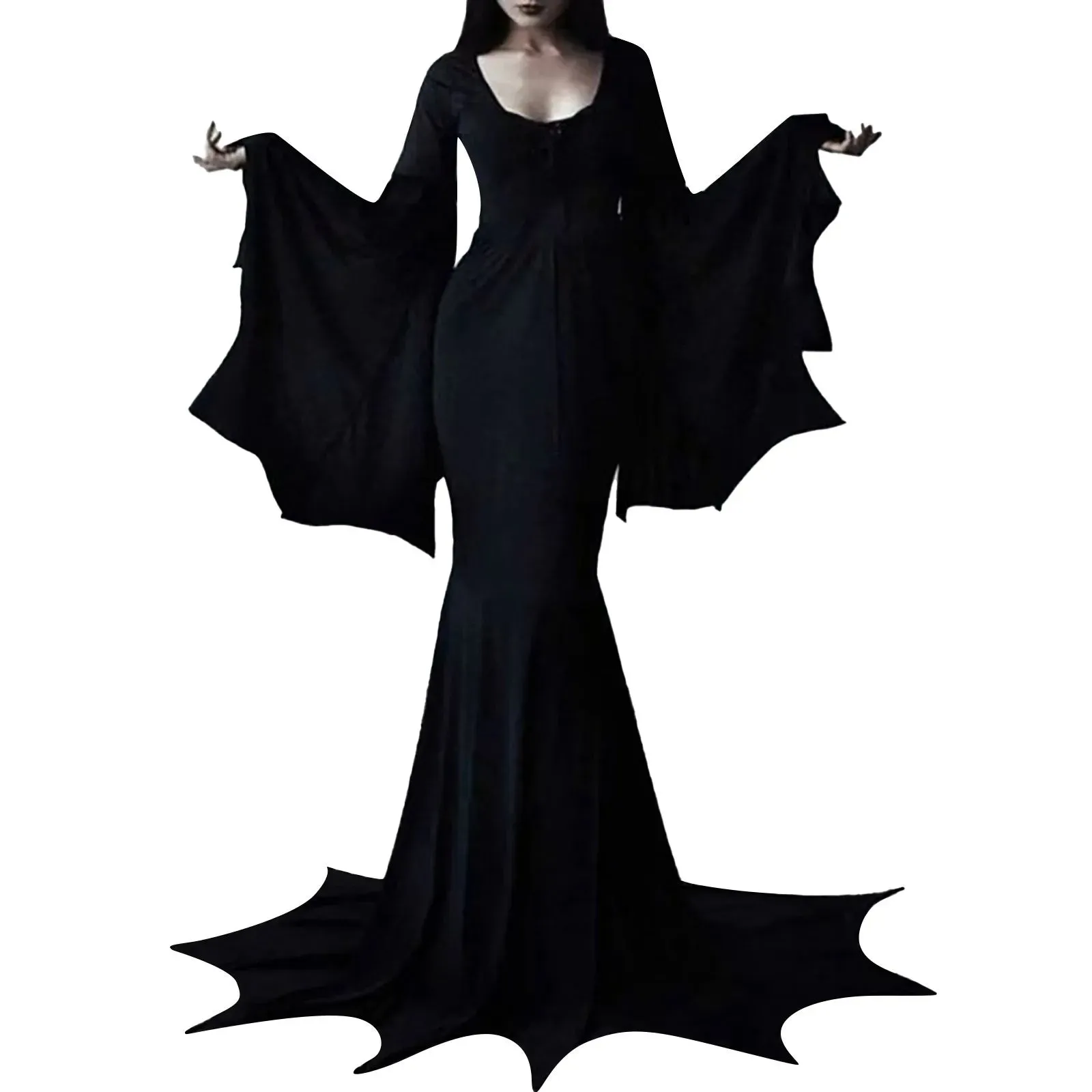 Dark Gothic Morticia Halloween Horror Train Floor Witch Adult Casual Witchy Dress