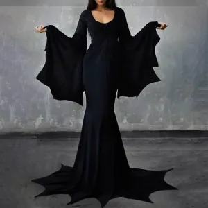 Dark Gothic Morticia Halloween Horror Train Floor Witch Adult Casual Witchy Dress