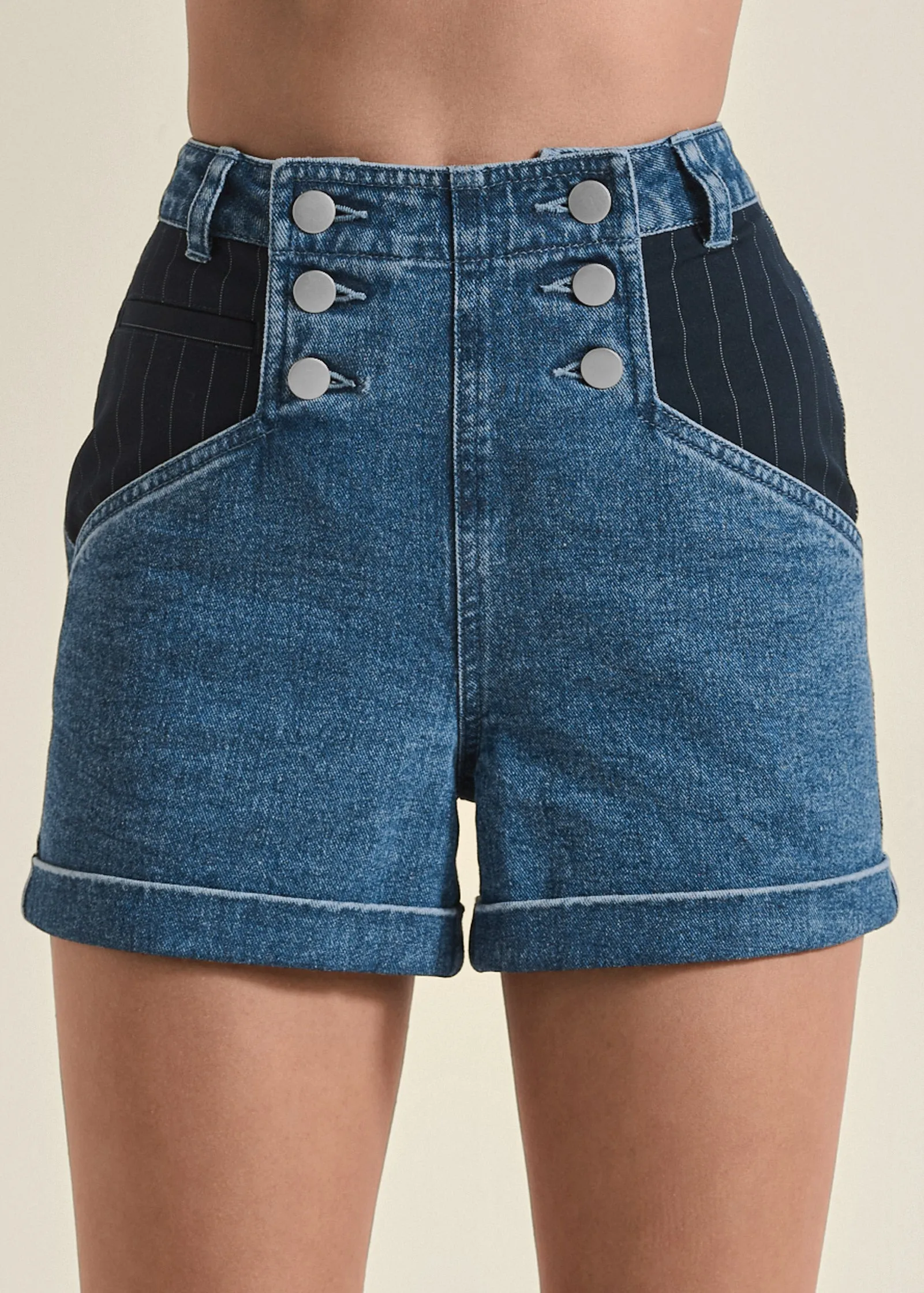 Denim And Pinstripe Shorts - Medium Wash