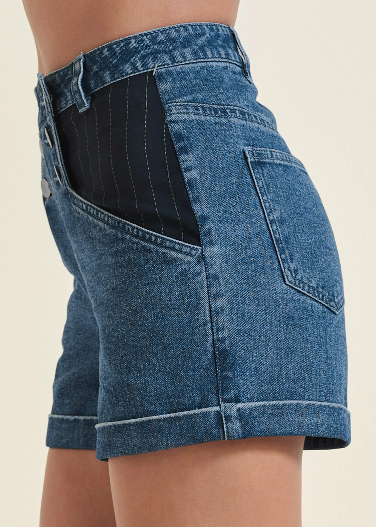 Denim And Pinstripe Shorts - Medium Wash