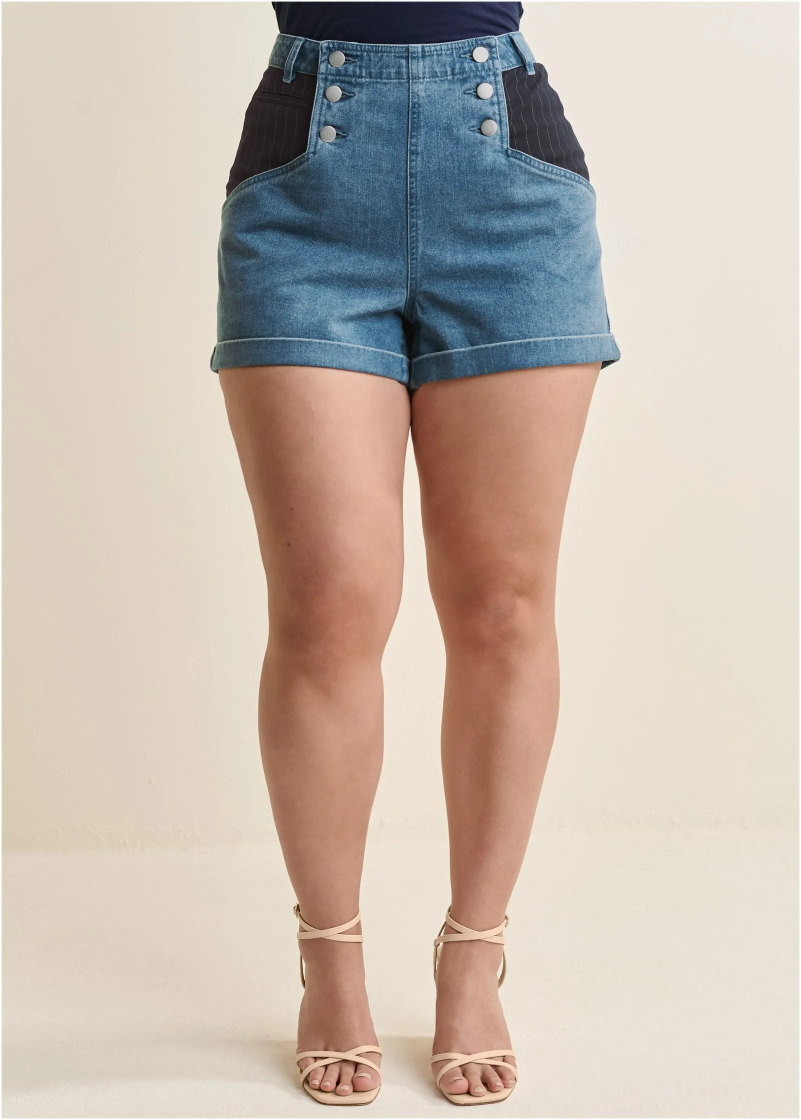 Denim And Pinstripe Shorts - Medium Wash