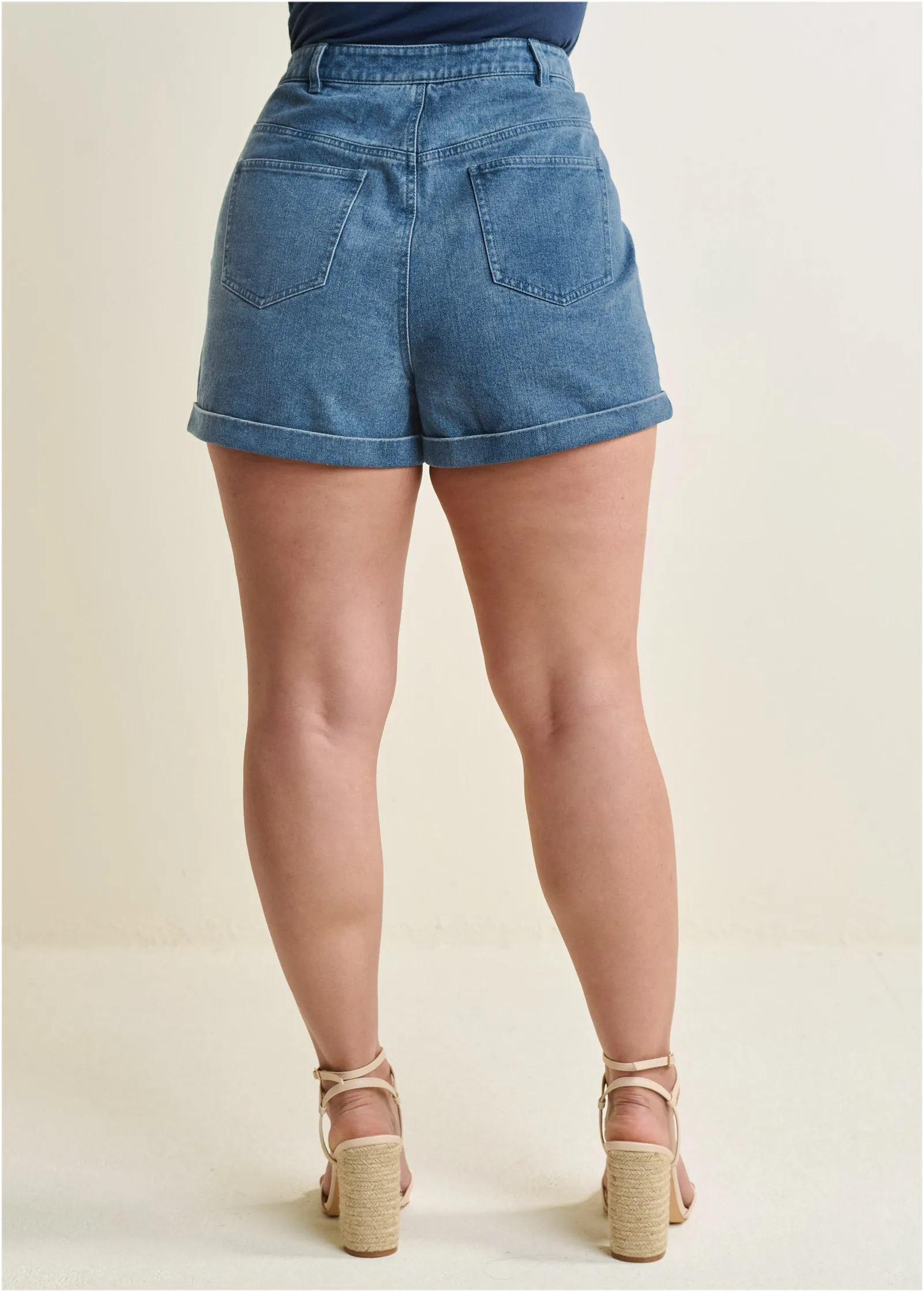 Denim And Pinstripe Shorts - Medium Wash