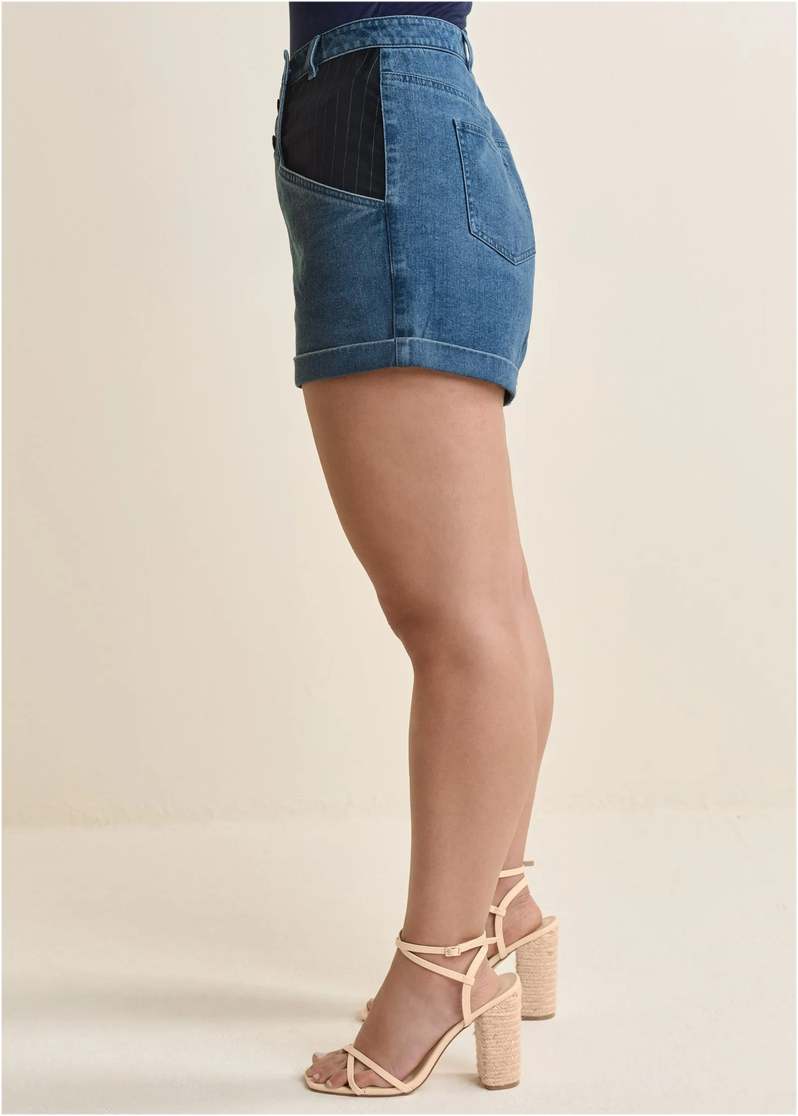 Denim And Pinstripe Shorts - Medium Wash