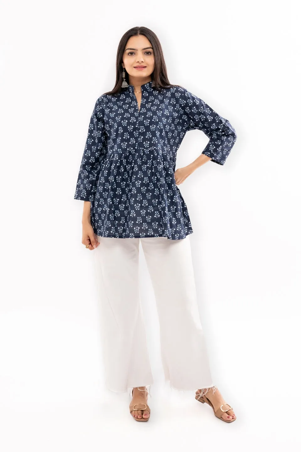 Ekisha's women dark blue floral printed cotton tunic top short kurti