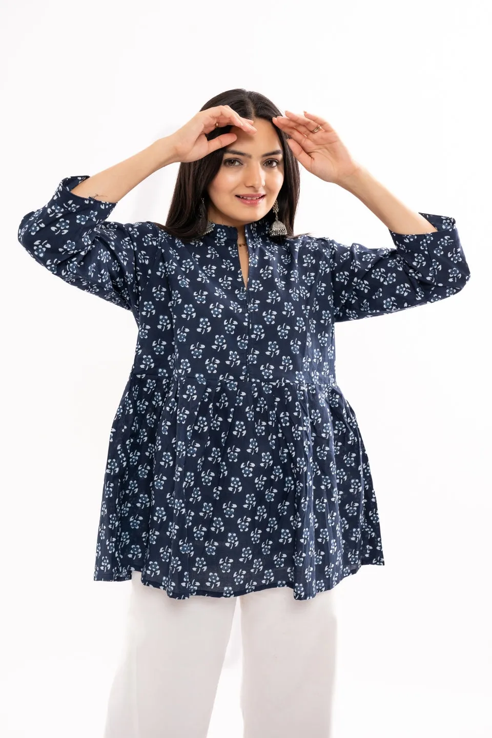 Ekisha's women dark blue floral printed cotton tunic top short kurti