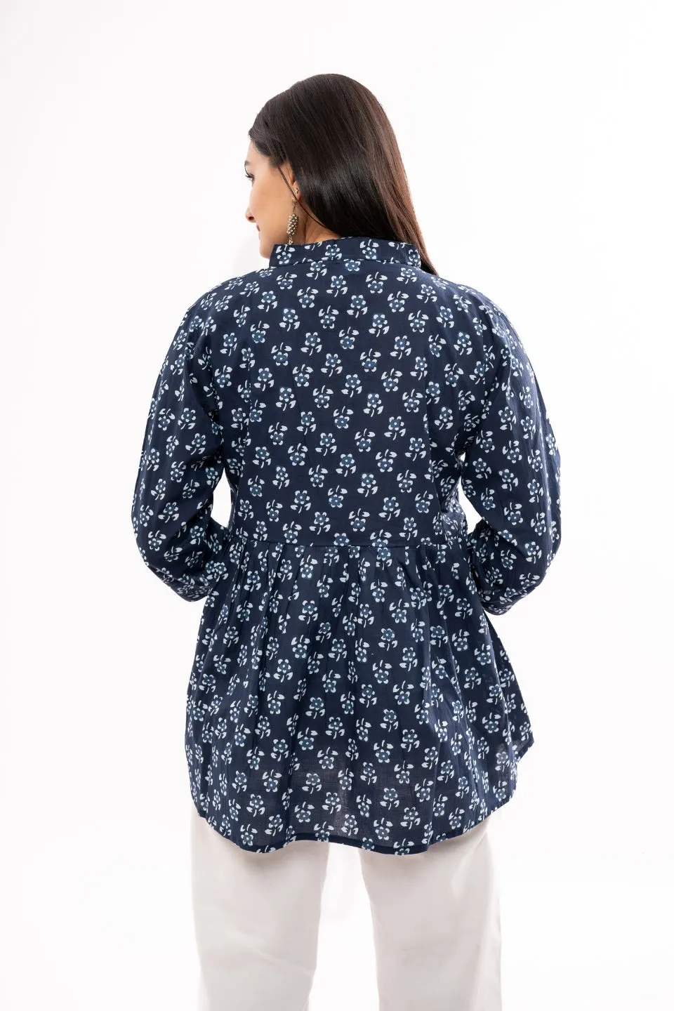 Ekisha's women dark blue floral printed cotton tunic top short kurti