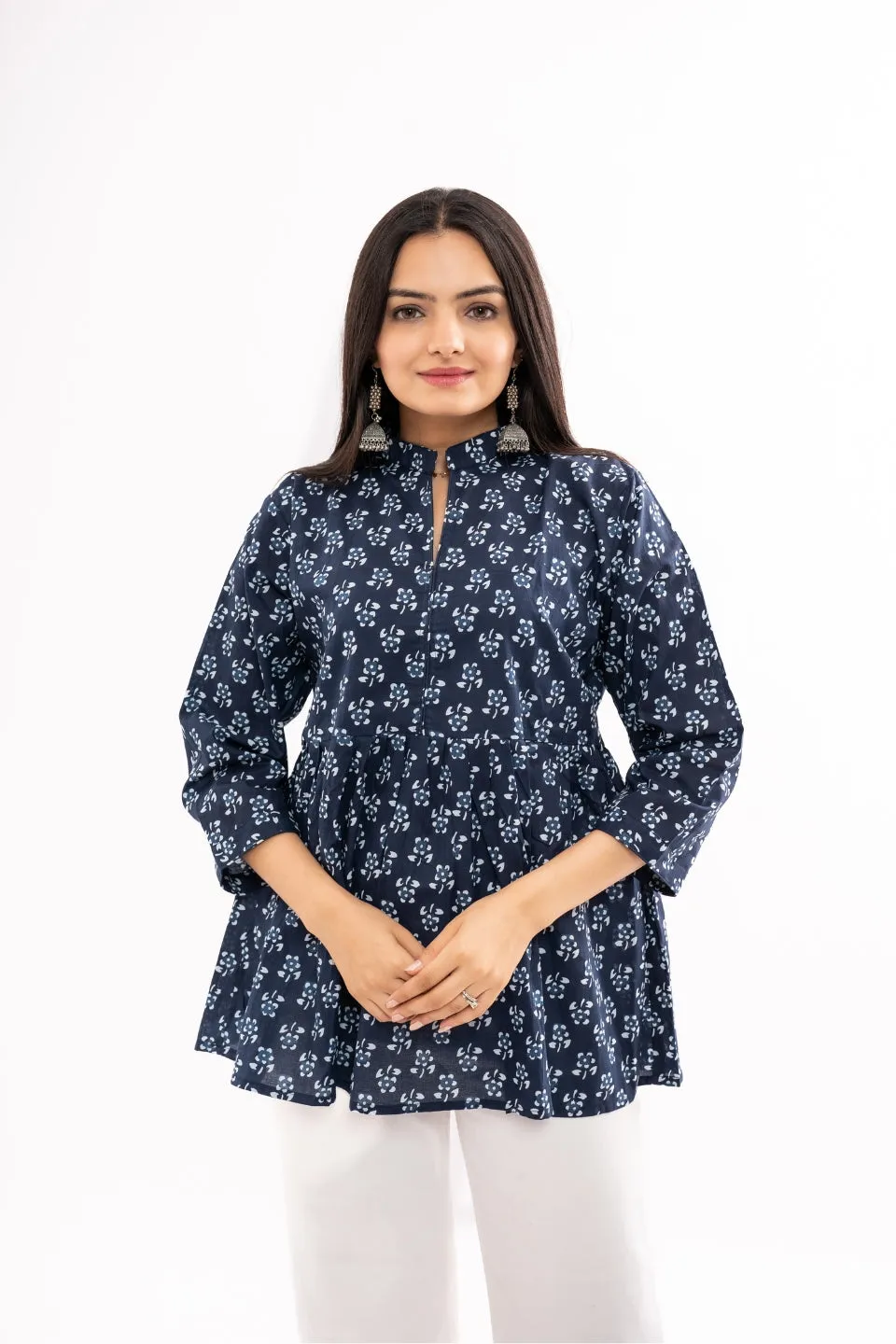 Ekisha's women dark blue floral printed cotton tunic top short kurti