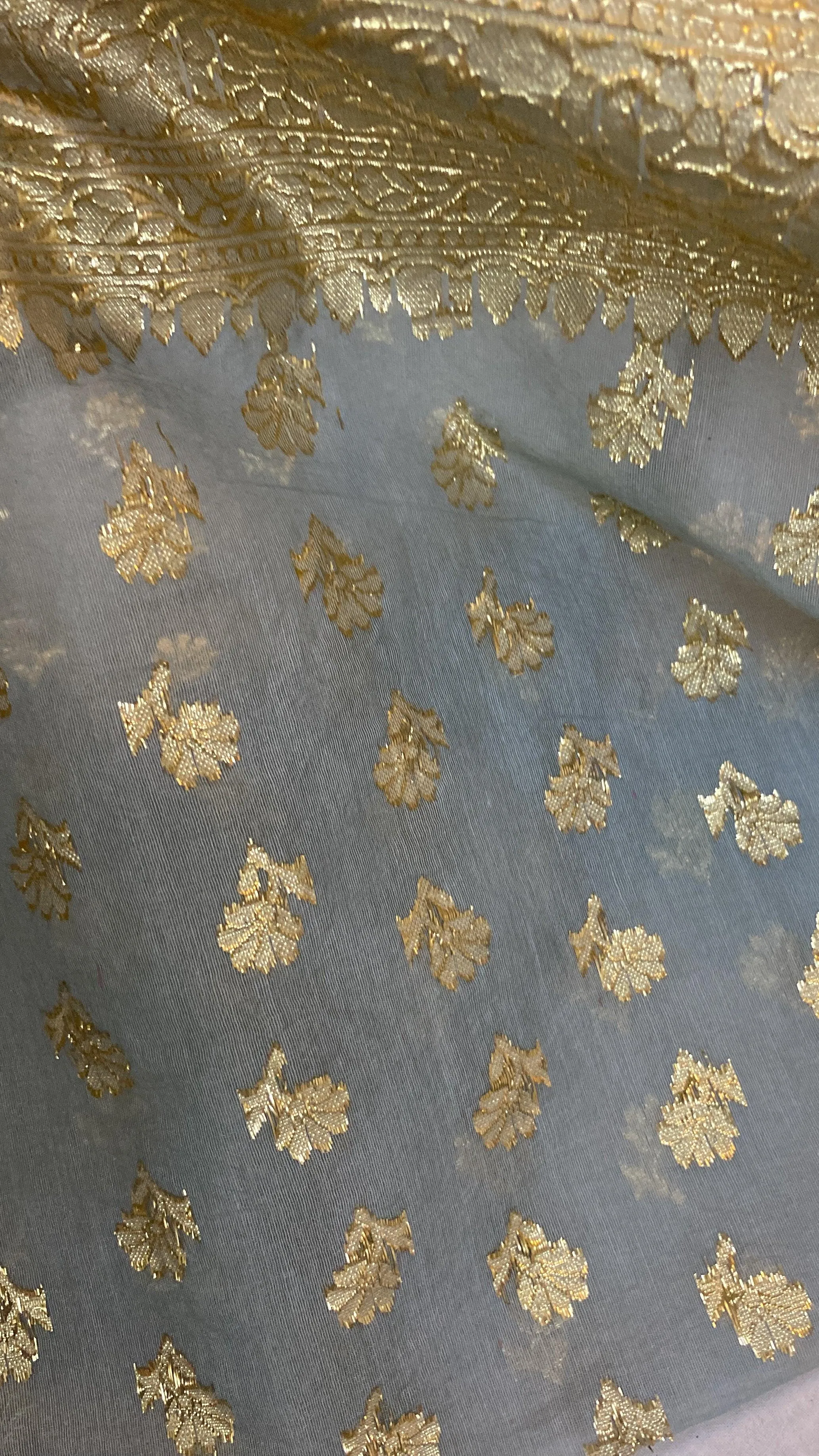 Elegant Grey Handloom Cotton Silk Banarasi Saree with Golden Zari Work