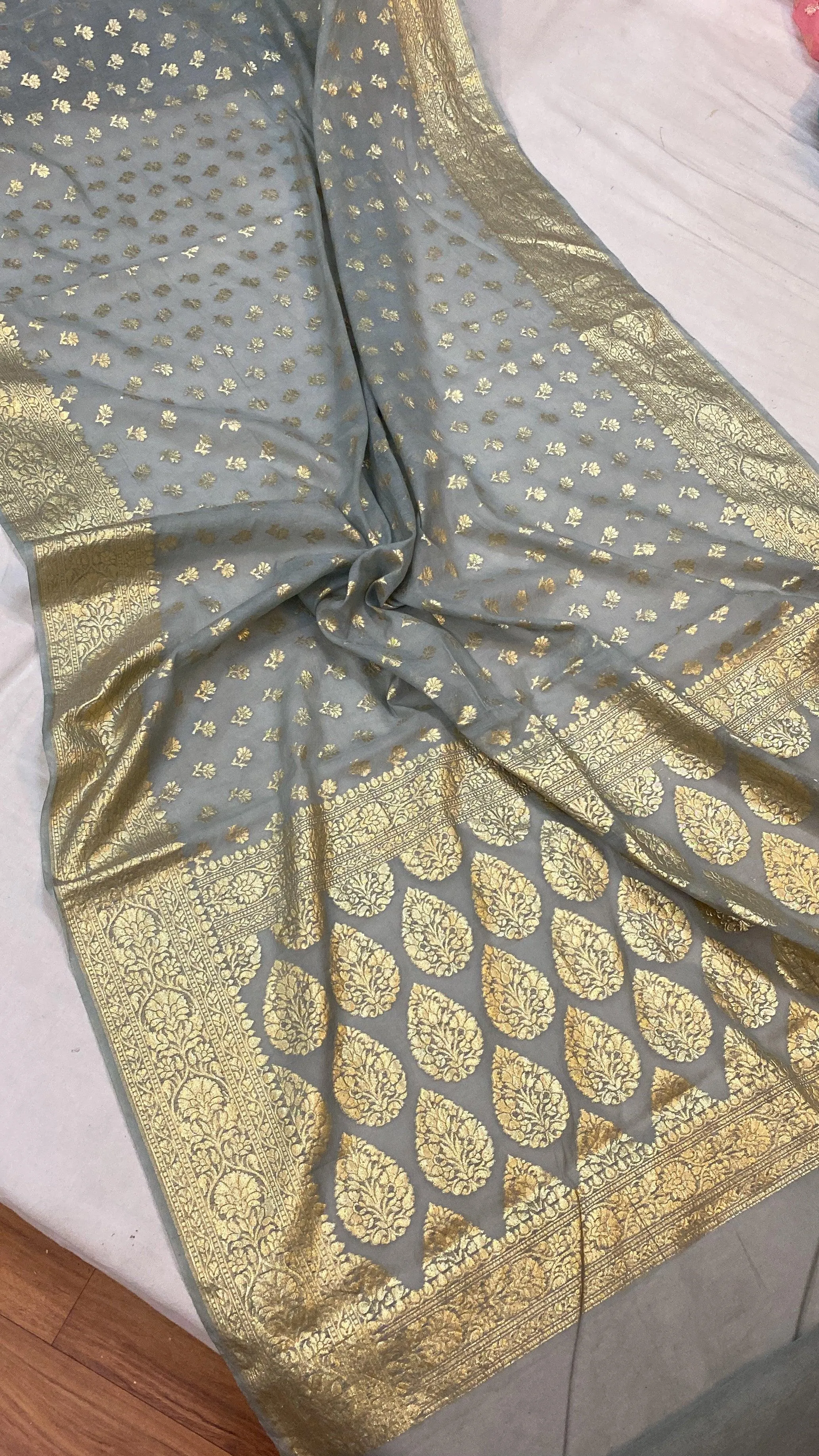 Elegant Grey Handloom Cotton Silk Banarasi Saree with Golden Zari Work