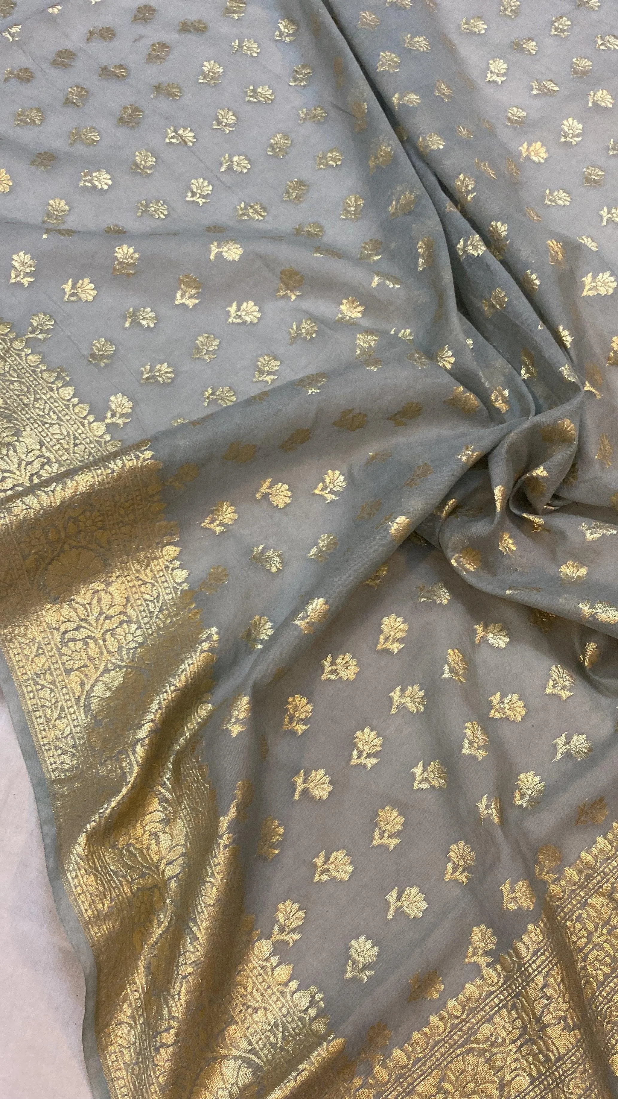 Elegant Grey Handloom Cotton Silk Banarasi Saree with Golden Zari Work