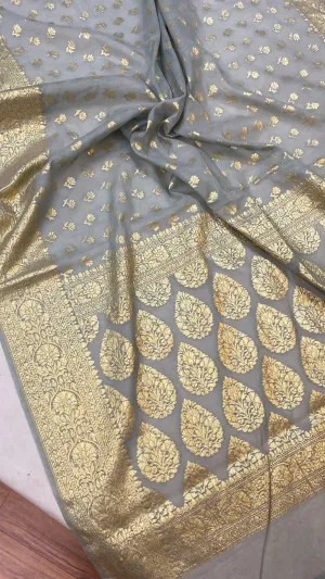 Elegant Grey Handloom Cotton Silk Banarasi Saree with Golden Zari Work