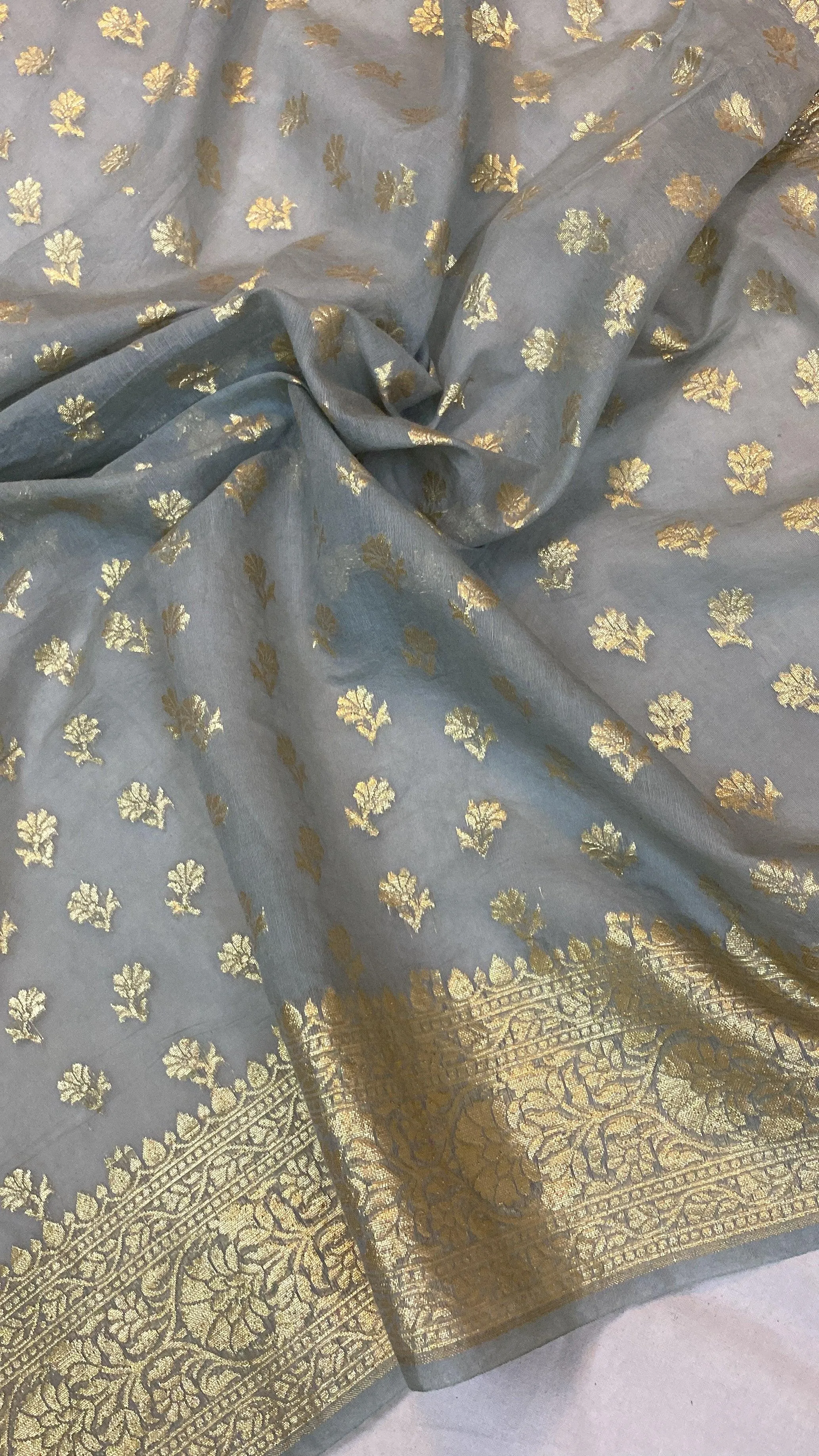Elegant Grey Handloom Cotton Silk Banarasi Saree with Golden Zari Work