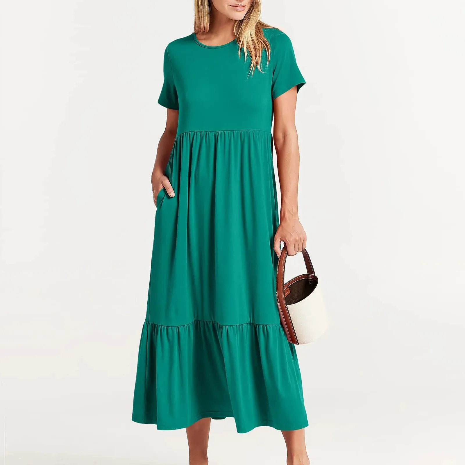 Elegant Short Sleeve Crewneck Swing Tiered Maxi Pockets Casual Flowy Dress