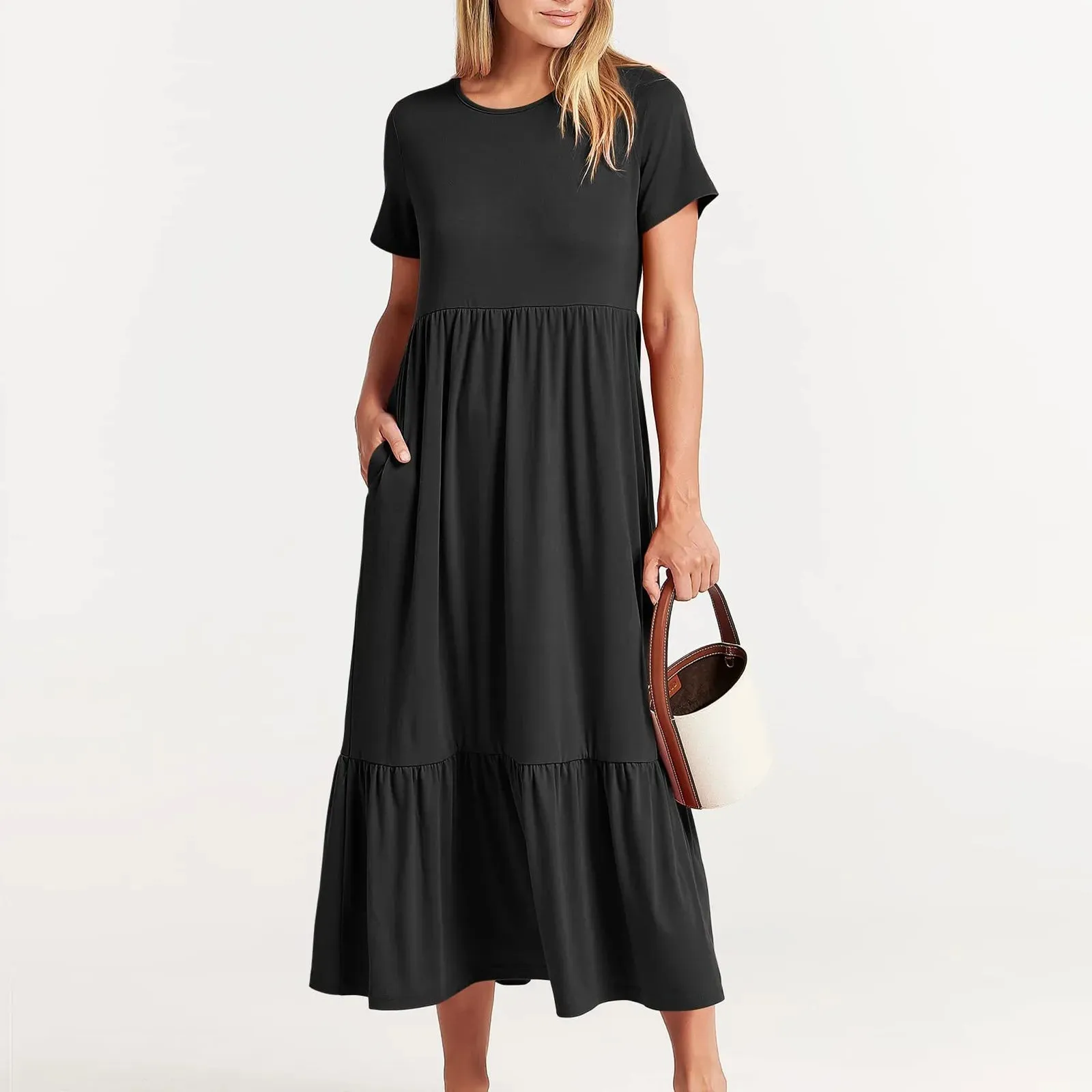 Elegant Short Sleeve Crewneck Swing Tiered Maxi Pockets Casual Flowy Dress