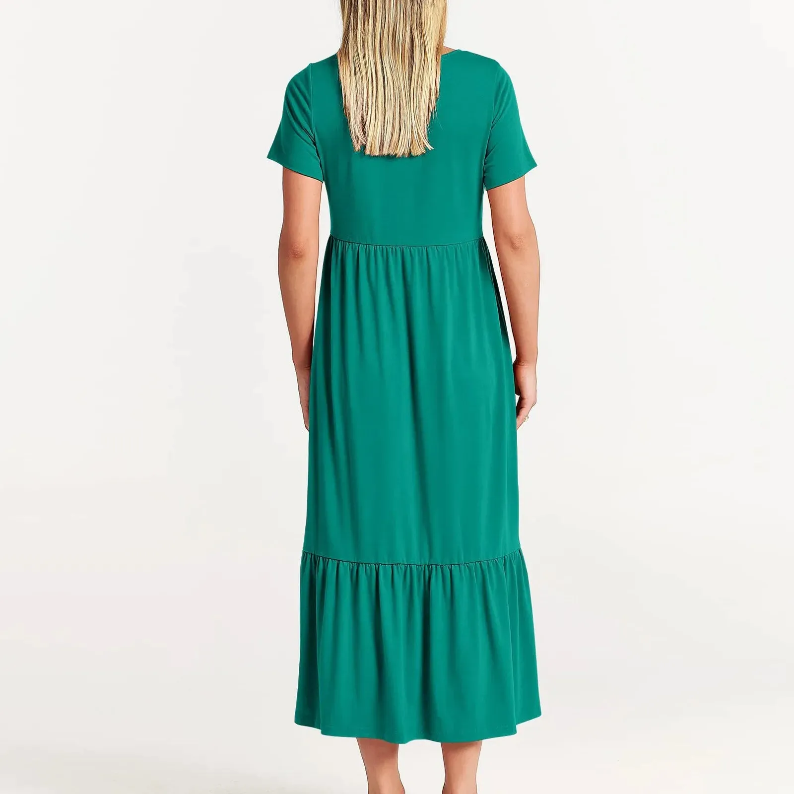 Elegant Short Sleeve Crewneck Swing Tiered Maxi Pockets Casual Flowy Dress