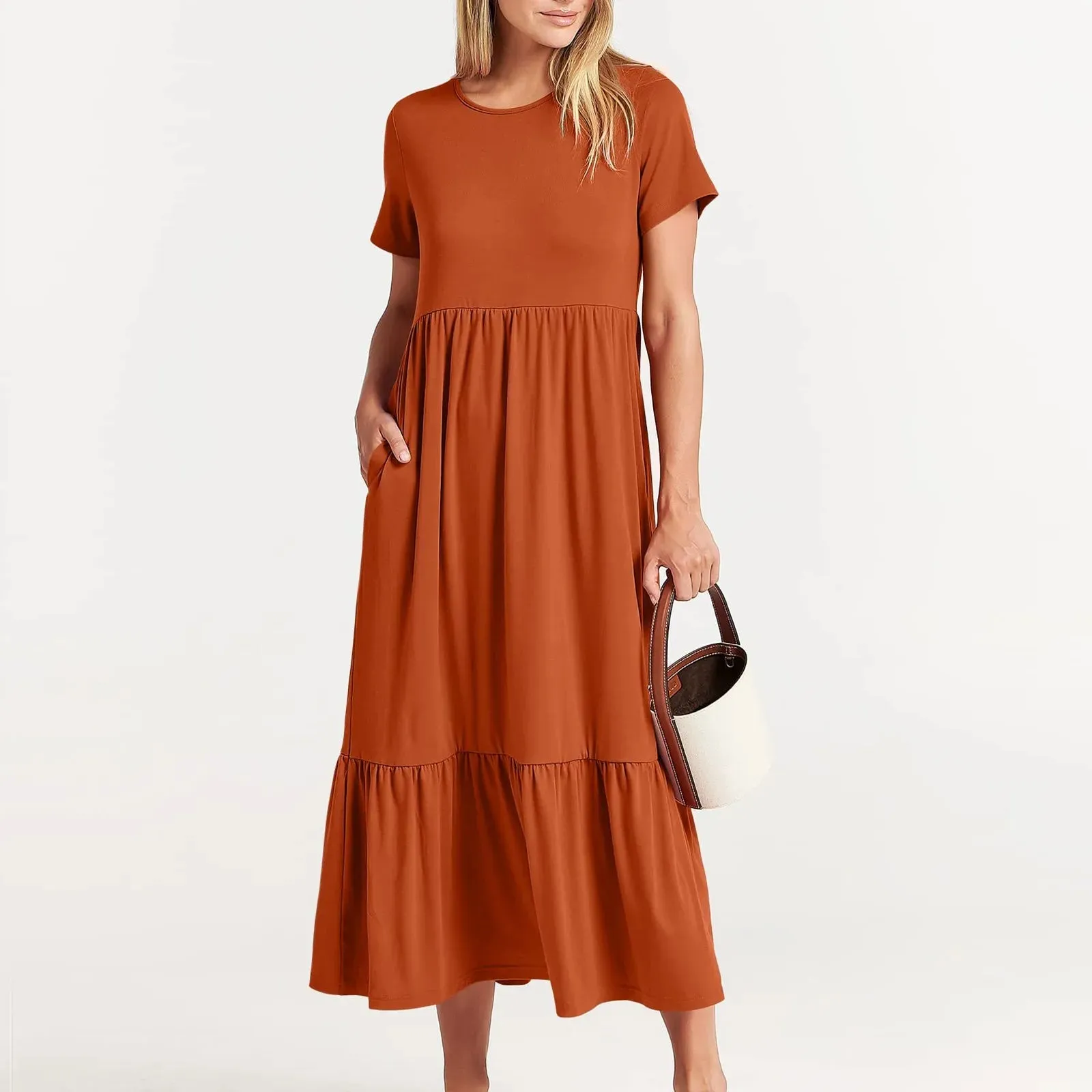 Elegant Short Sleeve Crewneck Swing Tiered Maxi Pockets Casual Flowy Dress