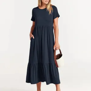Elegant Short Sleeve Crewneck Swing Tiered Maxi Pockets Casual Flowy Dress