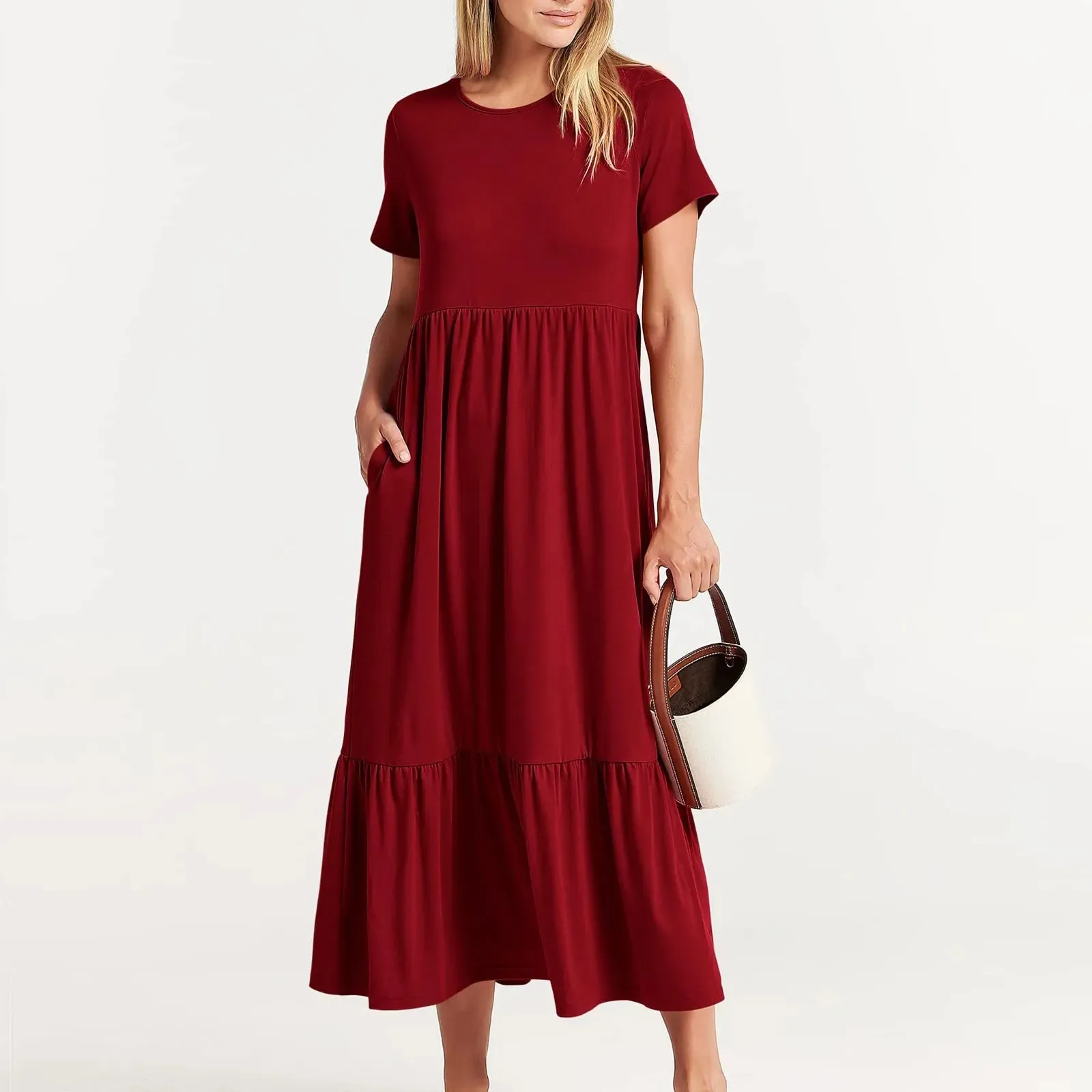 Elegant Short Sleeve Crewneck Swing Tiered Maxi Pockets Casual Flowy Dress