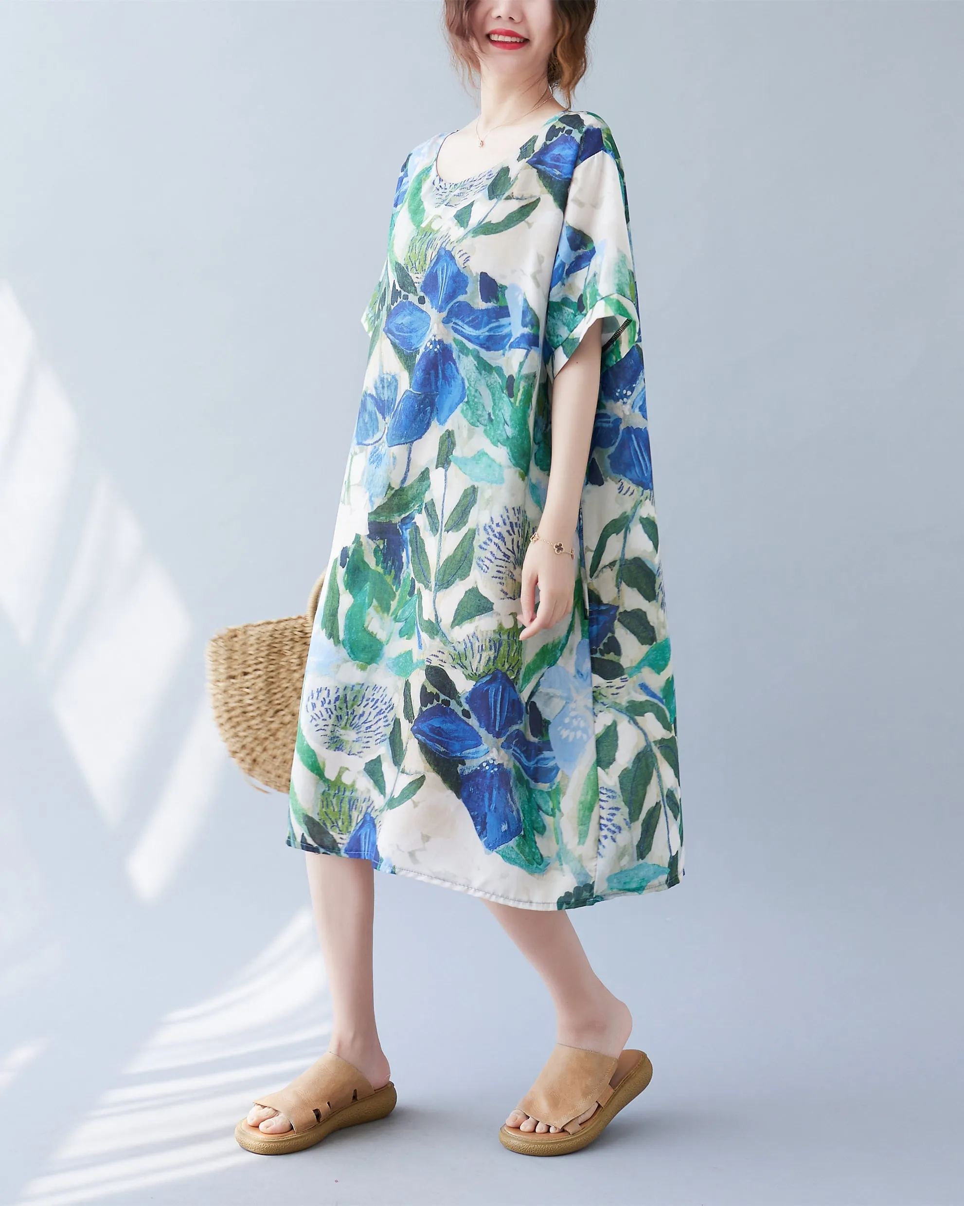 ellazhu Women Short Sleeve Floral Print Patchwork Casual Dress GA2588
