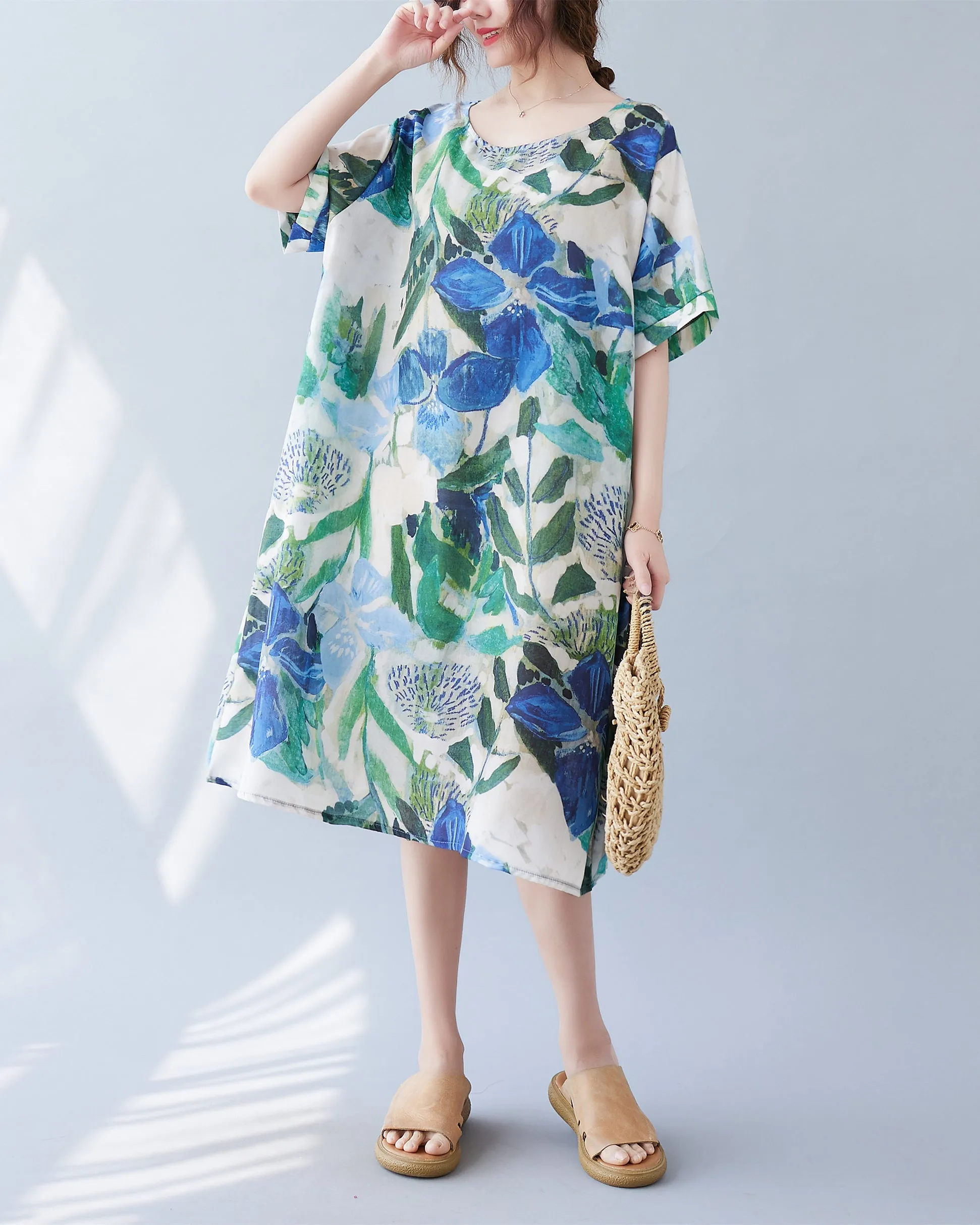 ellazhu Women Short Sleeve Floral Print Patchwork Casual Dress GA2588