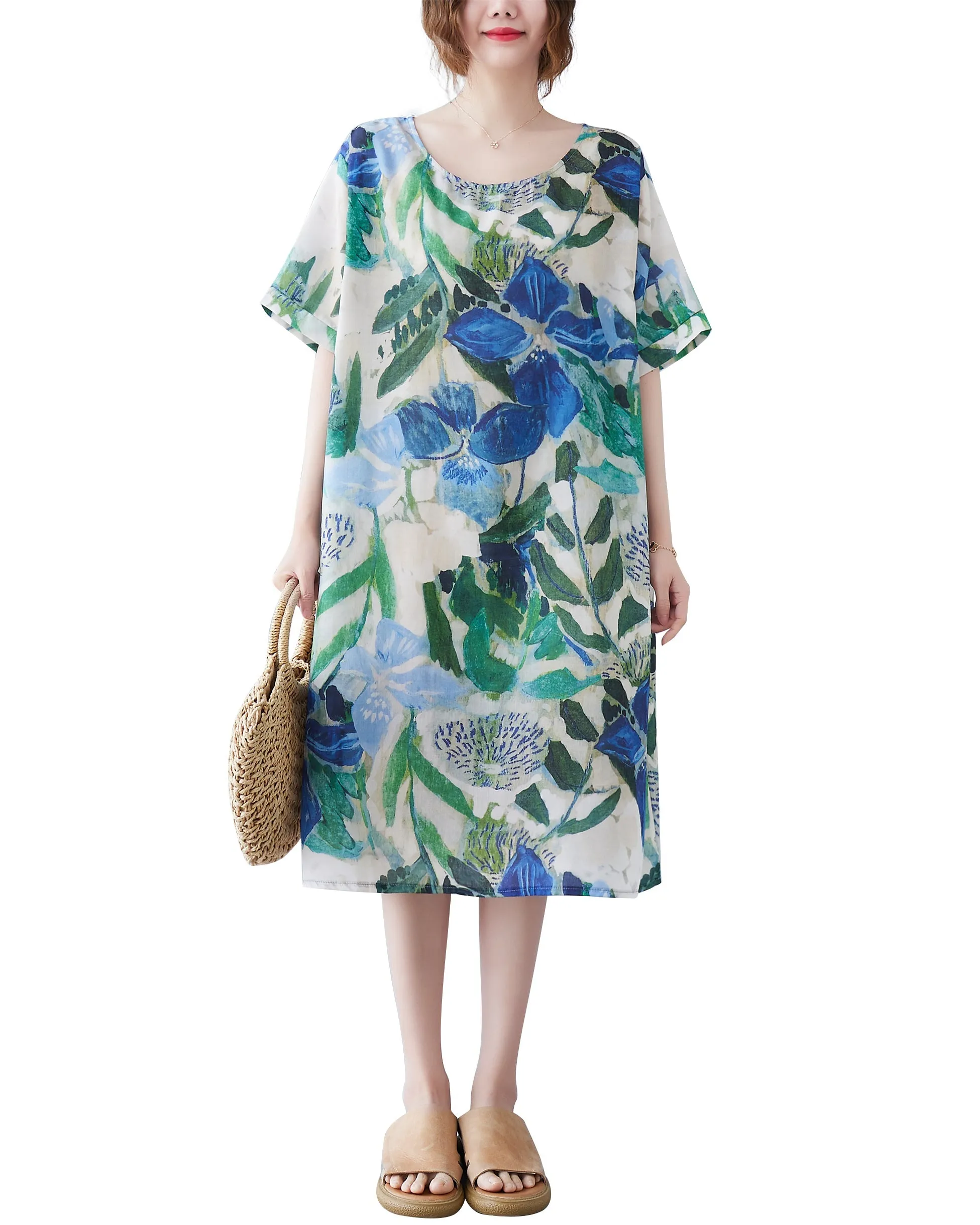 ellazhu Women Short Sleeve Floral Print Patchwork Casual Dress GA2588
