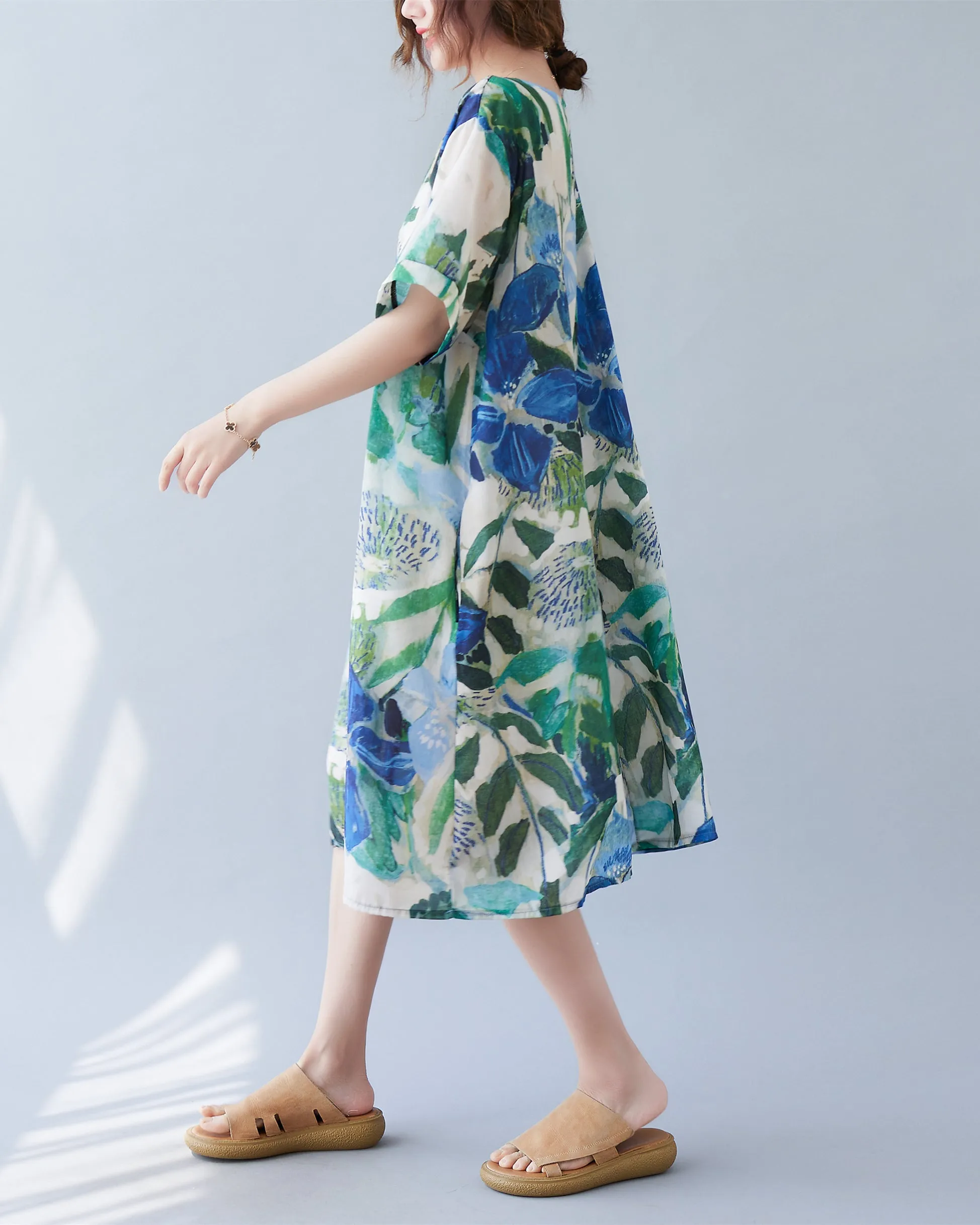 ellazhu Women Short Sleeve Floral Print Patchwork Casual Dress GA2588