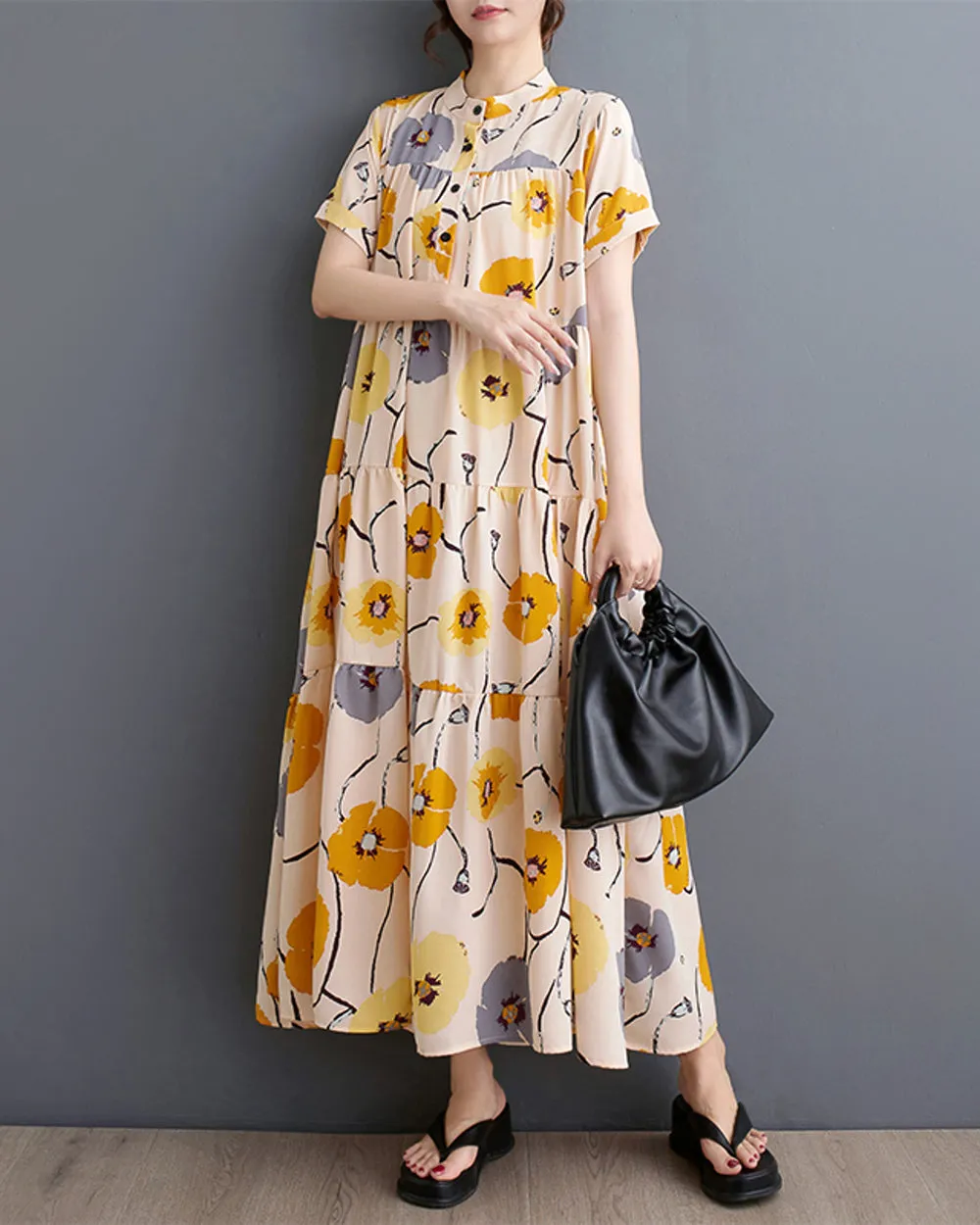 ellazhu Women's Short Sleeves Floral Print Maxi Length Casual Flowy Hem Dress GZ196