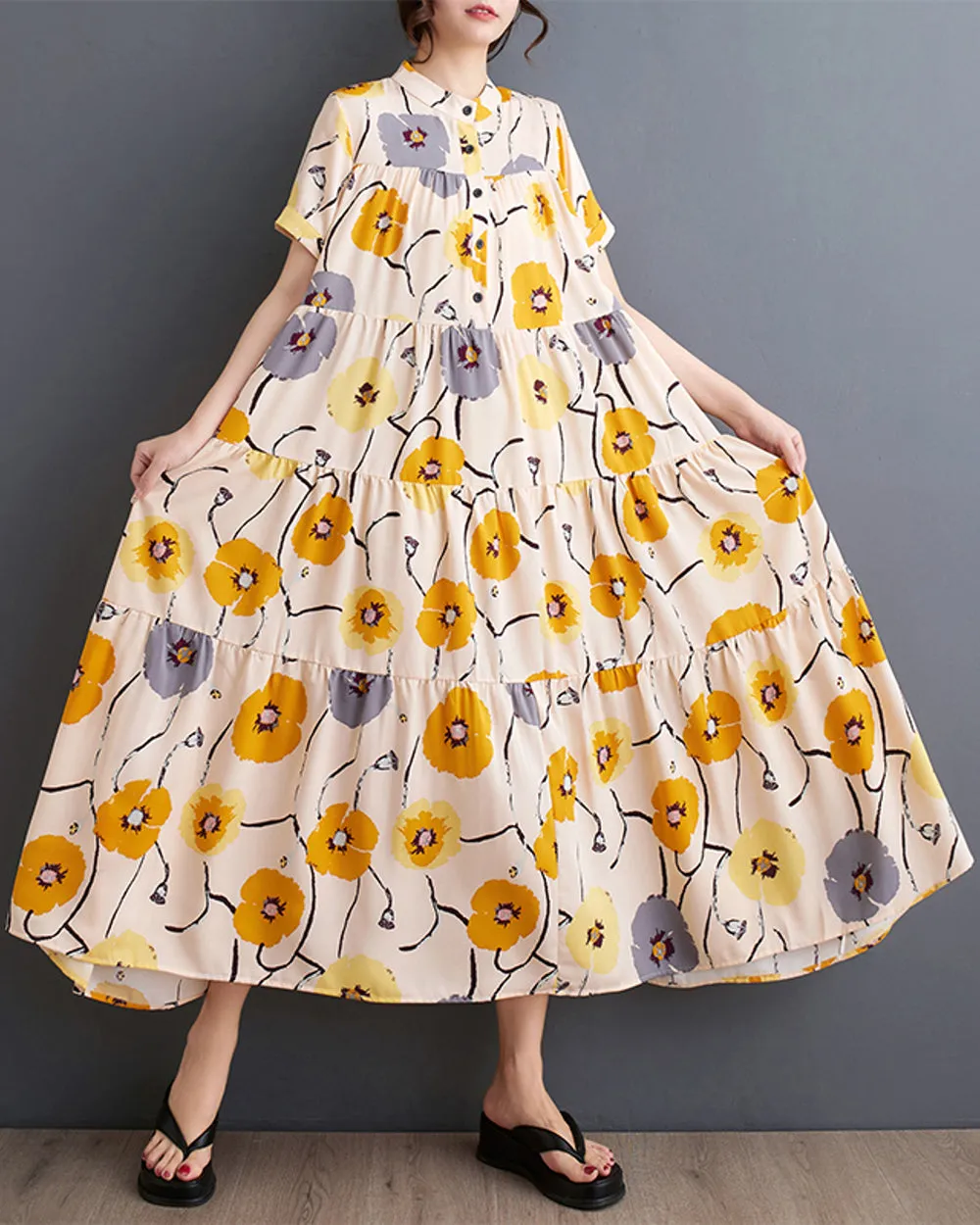 ellazhu Women's Short Sleeves Floral Print Maxi Length Casual Flowy Hem Dress GZ196