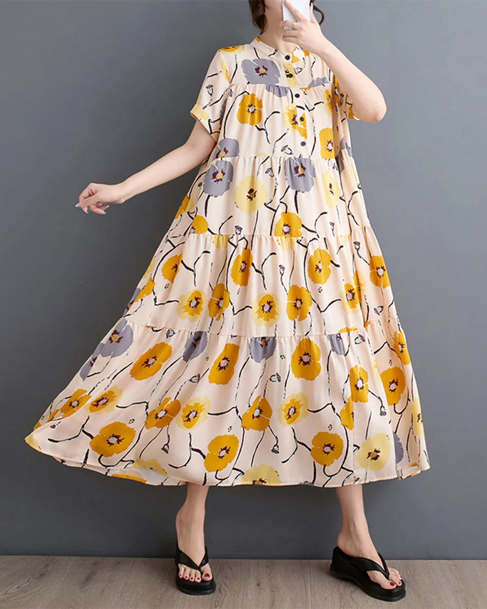 ellazhu Women's Short Sleeves Floral Print Maxi Length Casual Flowy Hem Dress GZ196