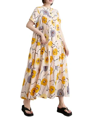 ellazhu Women's Short Sleeves Floral Print Maxi Length Casual Flowy Hem Dress GZ196