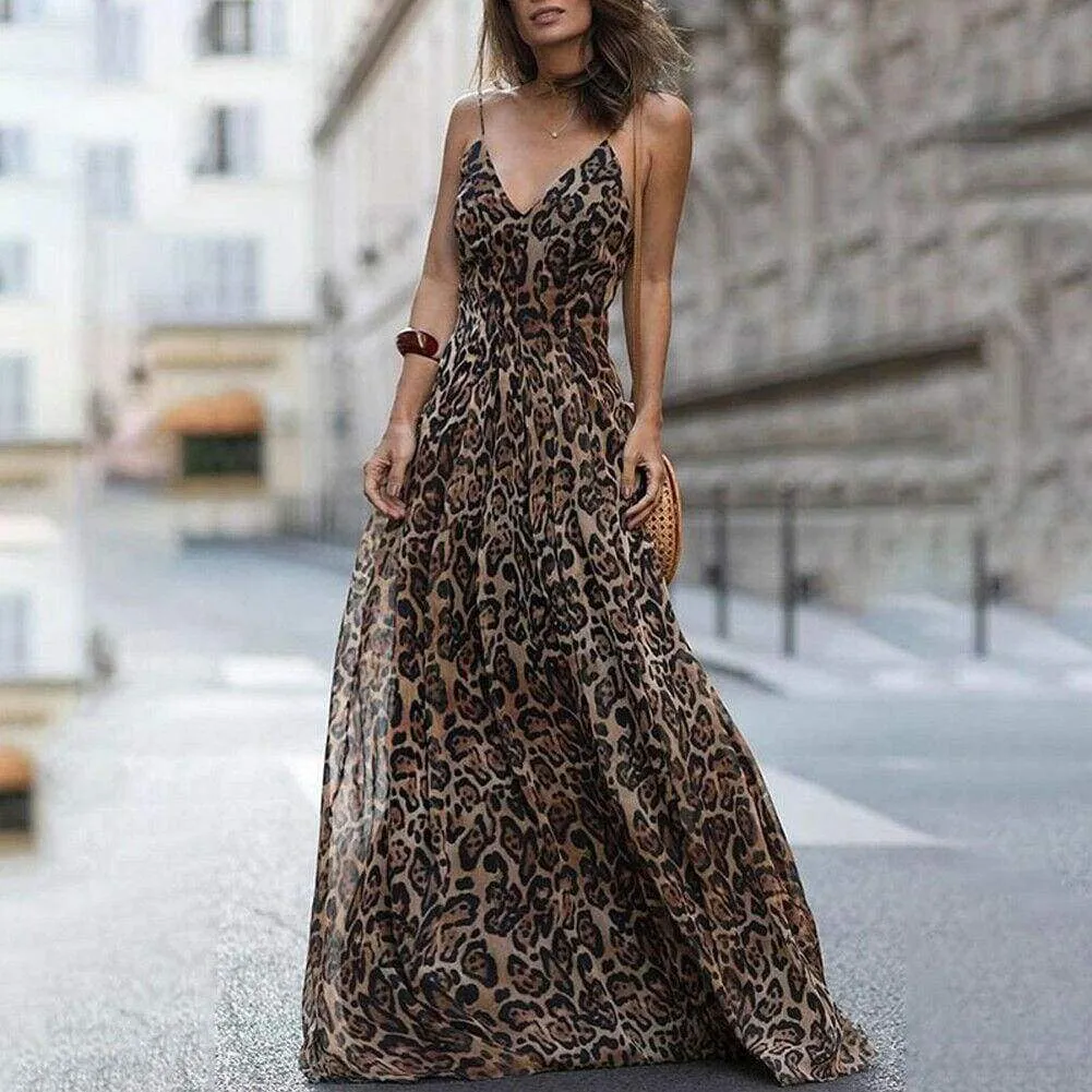 FashionSierra - Women Leopard Print Sleeveless Maxi Long Dress Fashion Ladies Party V Neck Summer Beach Sexy Dress Sundress