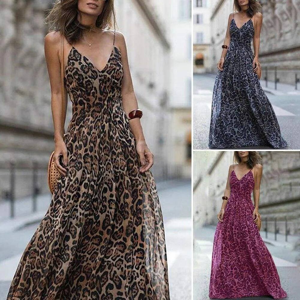 FashionSierra - Women Leopard Print Sleeveless Maxi Long Dress Fashion Ladies Party V Neck Summer Beach Sexy Dress Sundress