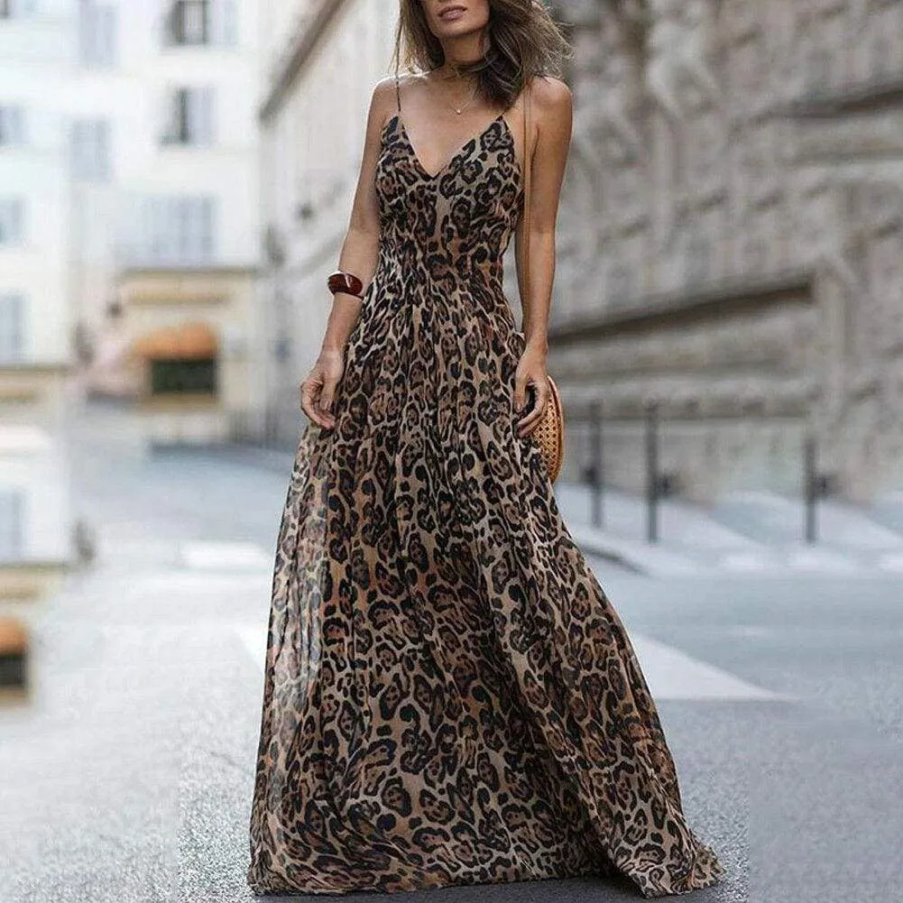FashionSierra - Women Leopard Print Sleeveless Maxi Long Dress Fashion Ladies Party V Neck Summer Beach Sexy Dress Sundress