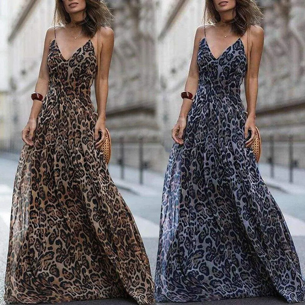 FashionSierra - Women Leopard Print Sleeveless Maxi Long Dress Fashion Ladies Party V Neck Summer Beach Sexy Dress Sundress
