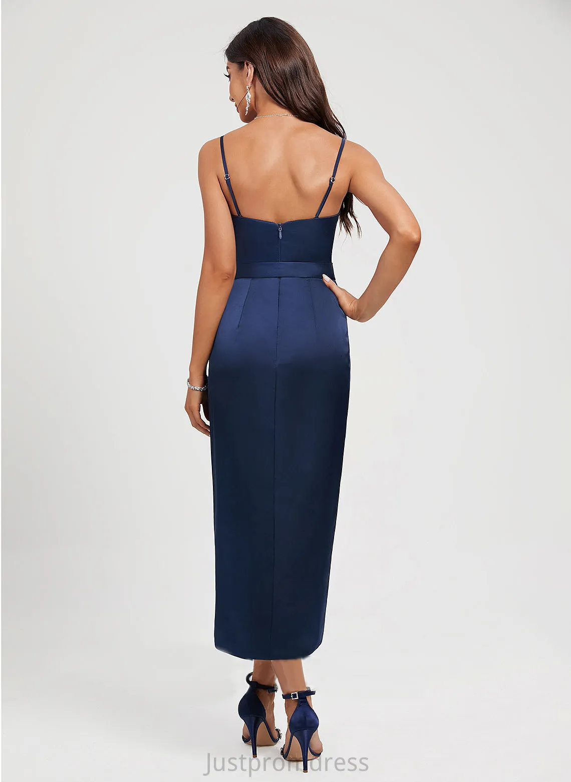 Front Cocktail Asymmetrical Sash Cocktail Dresses Lynn With V-neck Polyester Dress Split Pleated Sheath/Column