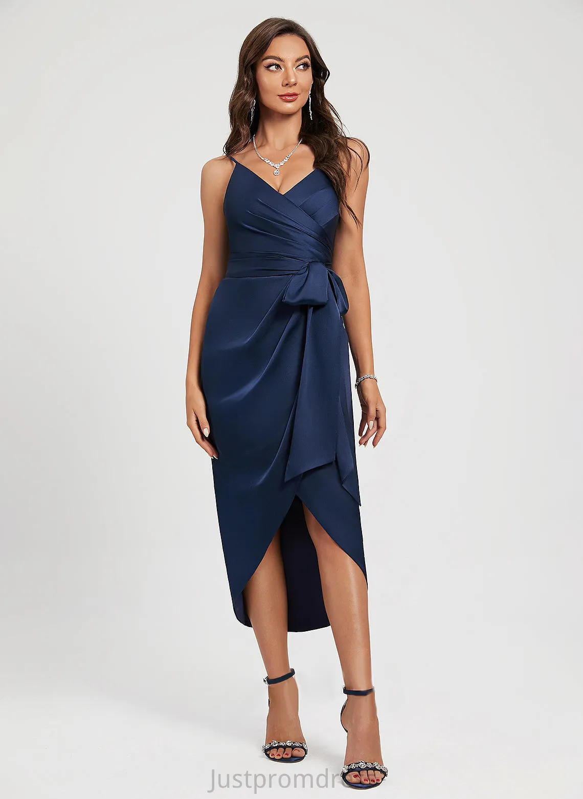Front Cocktail Asymmetrical Sash Cocktail Dresses Lynn With V-neck Polyester Dress Split Pleated Sheath/Column